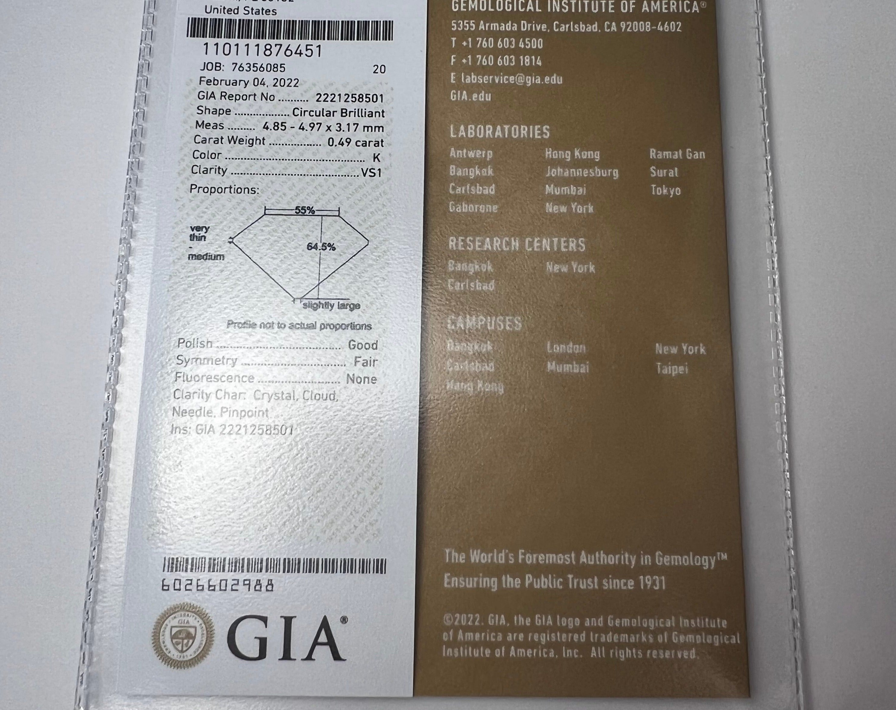.49CT Circular Brilliant Diamond K VS1 4.85-4.97x3.17mm Natural Earth mined