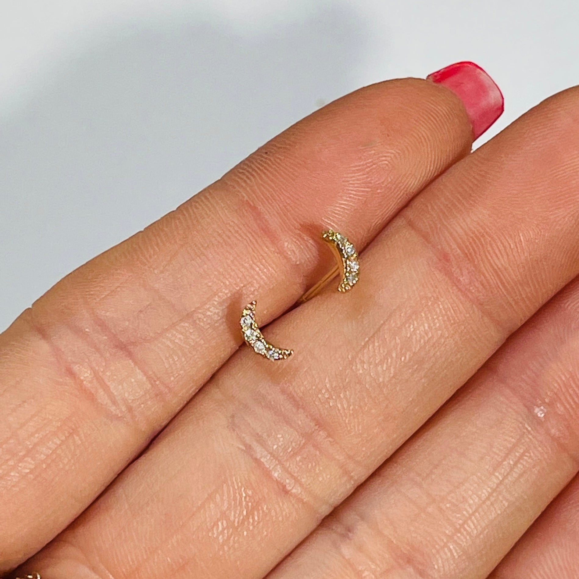 Glittering Diamond Celestial Crescent Moon Earrings 14K Yellow Gold 6x3mm