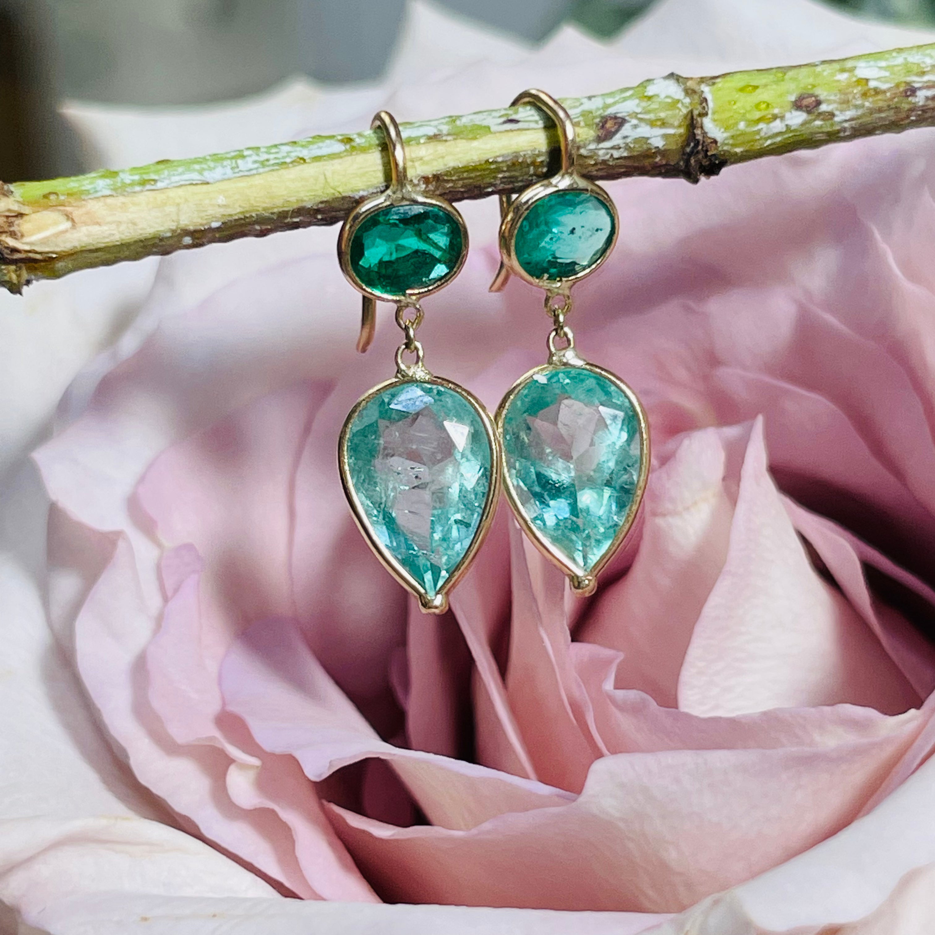 Natural Light and Dark Colombian Emerald 14K Yellow Gold Drop Earrings