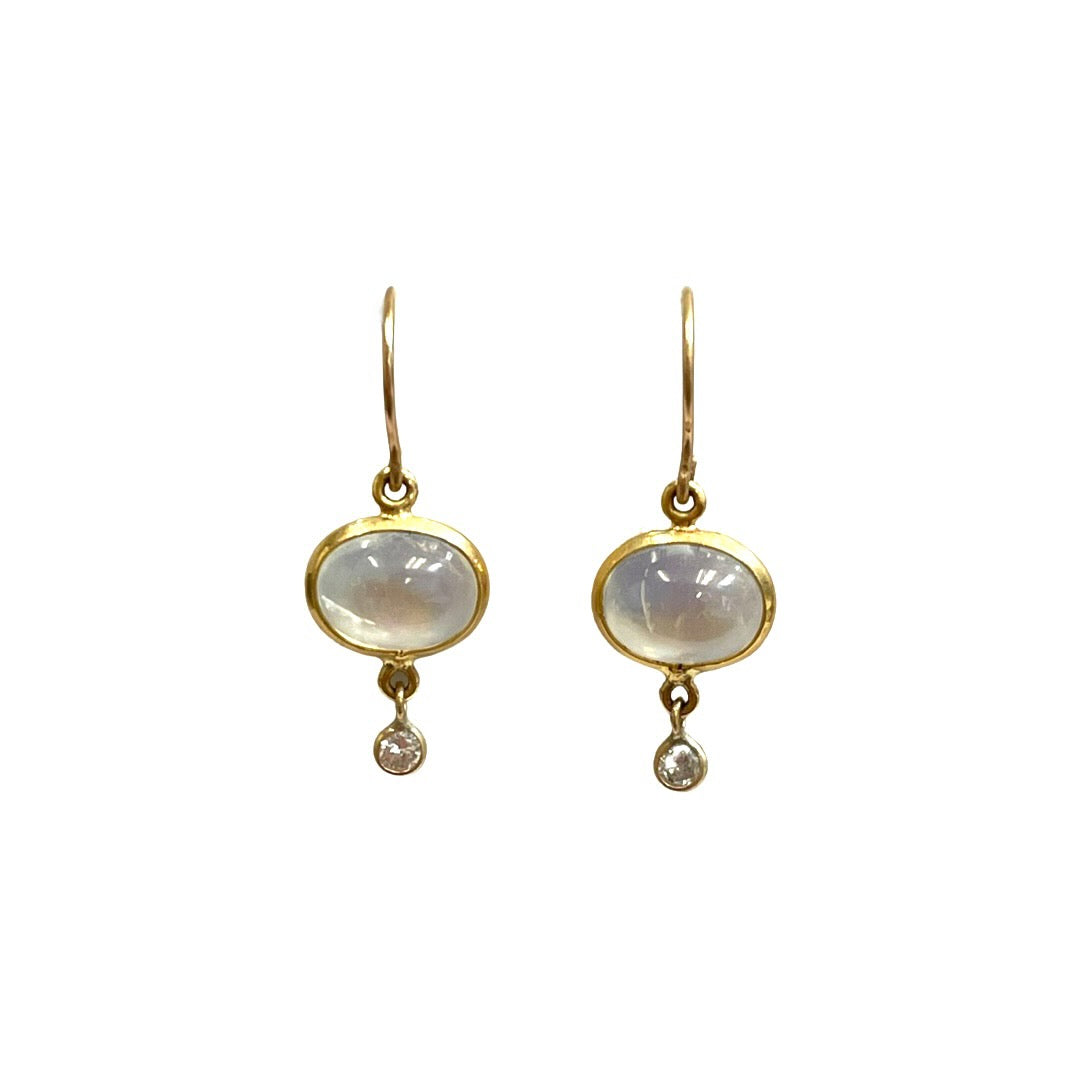 Diamond Moonstone Earrings in solid 14k Yellow Gold .9" Long