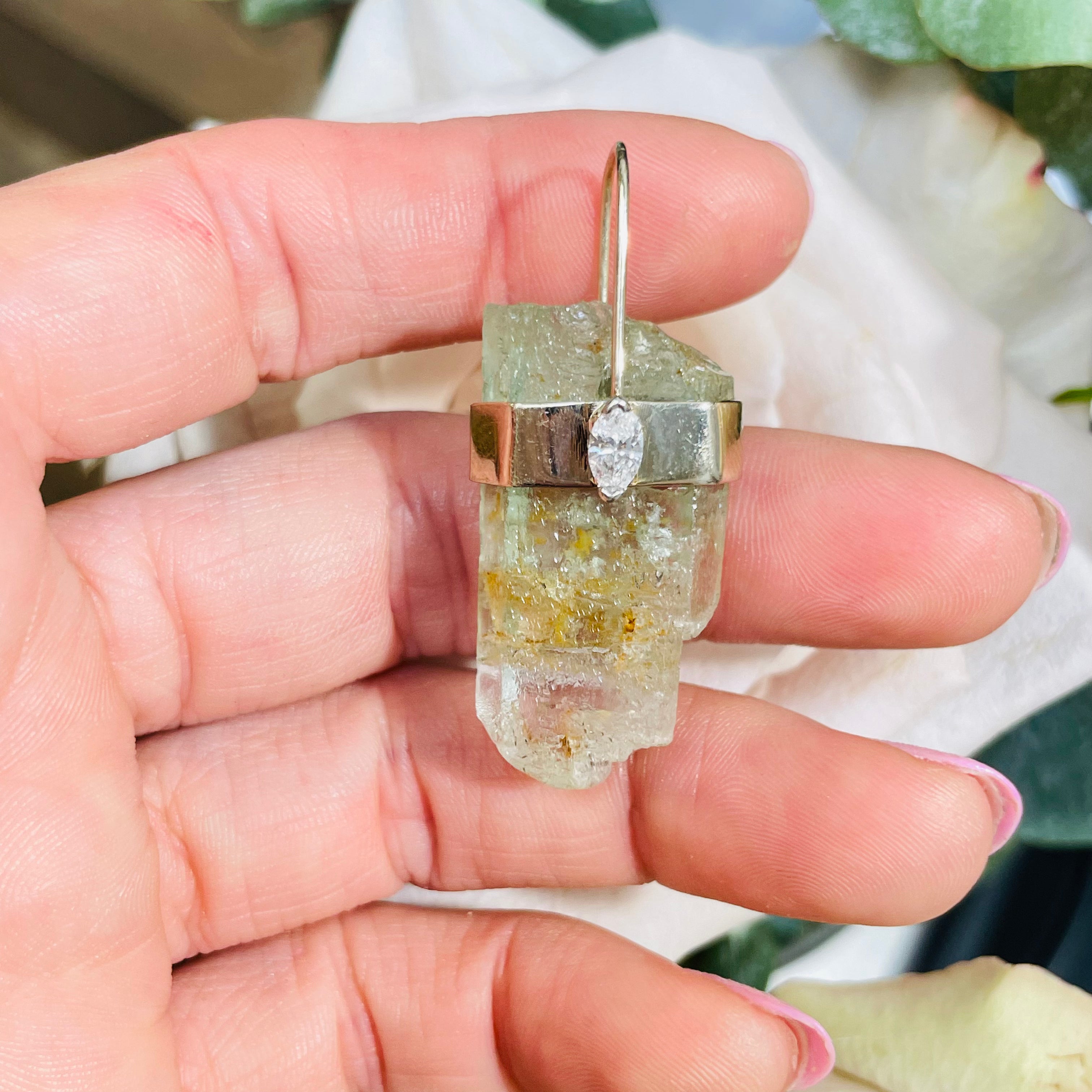 Rough Aquamarine and Diamond 14K Yellow Gold Amulet