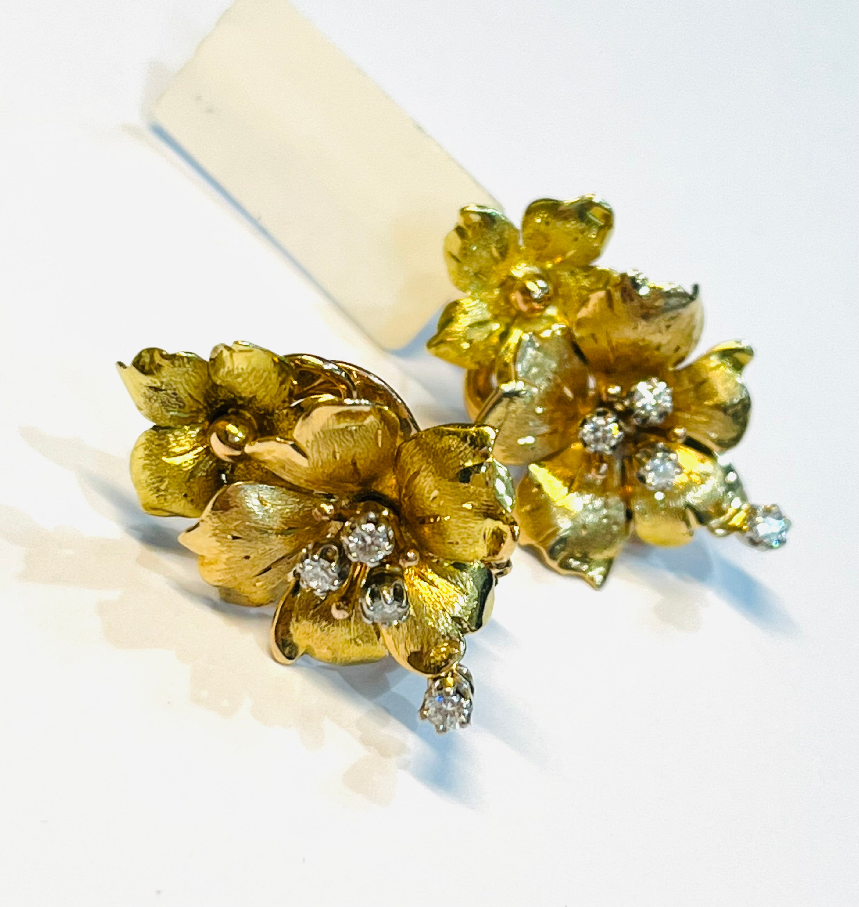 Gorgeous Antique Yellow and Rose Gold Flower Diamond Omega Back Earrings