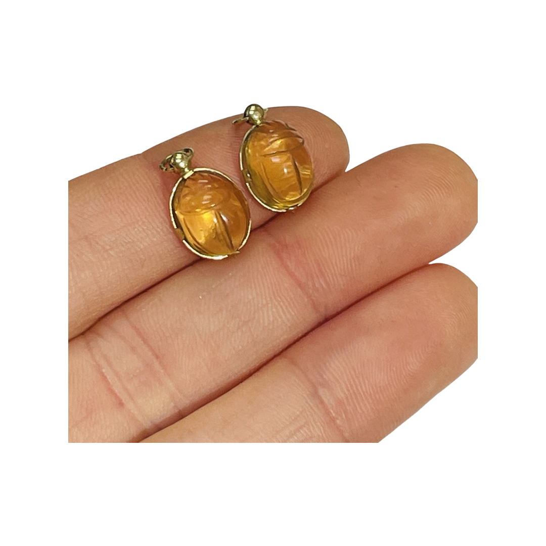 14K Yellow Gold Citrine Scarab Earring Charms for Hoops
