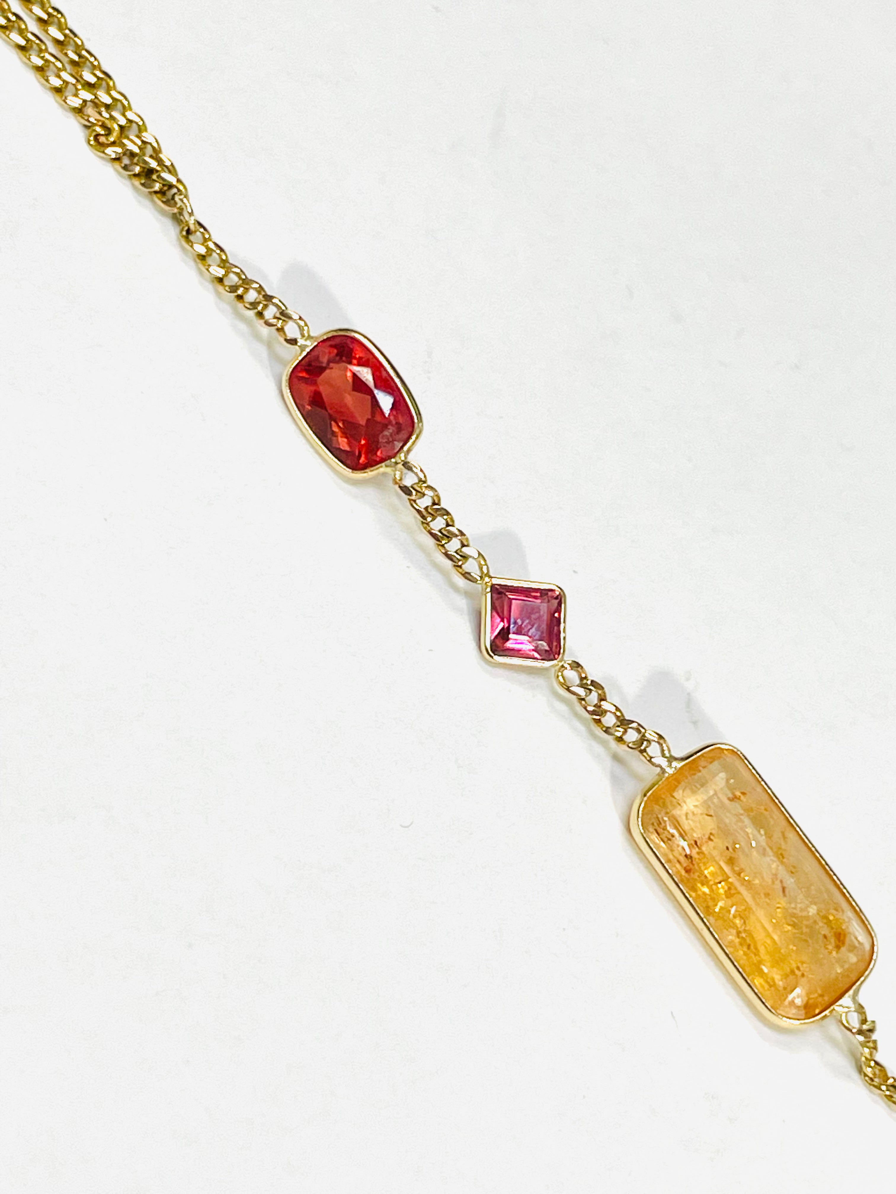 Red Labradorite Pink Tourmaline Imperial Topaz Handchain in solid 14k Yellow Gol