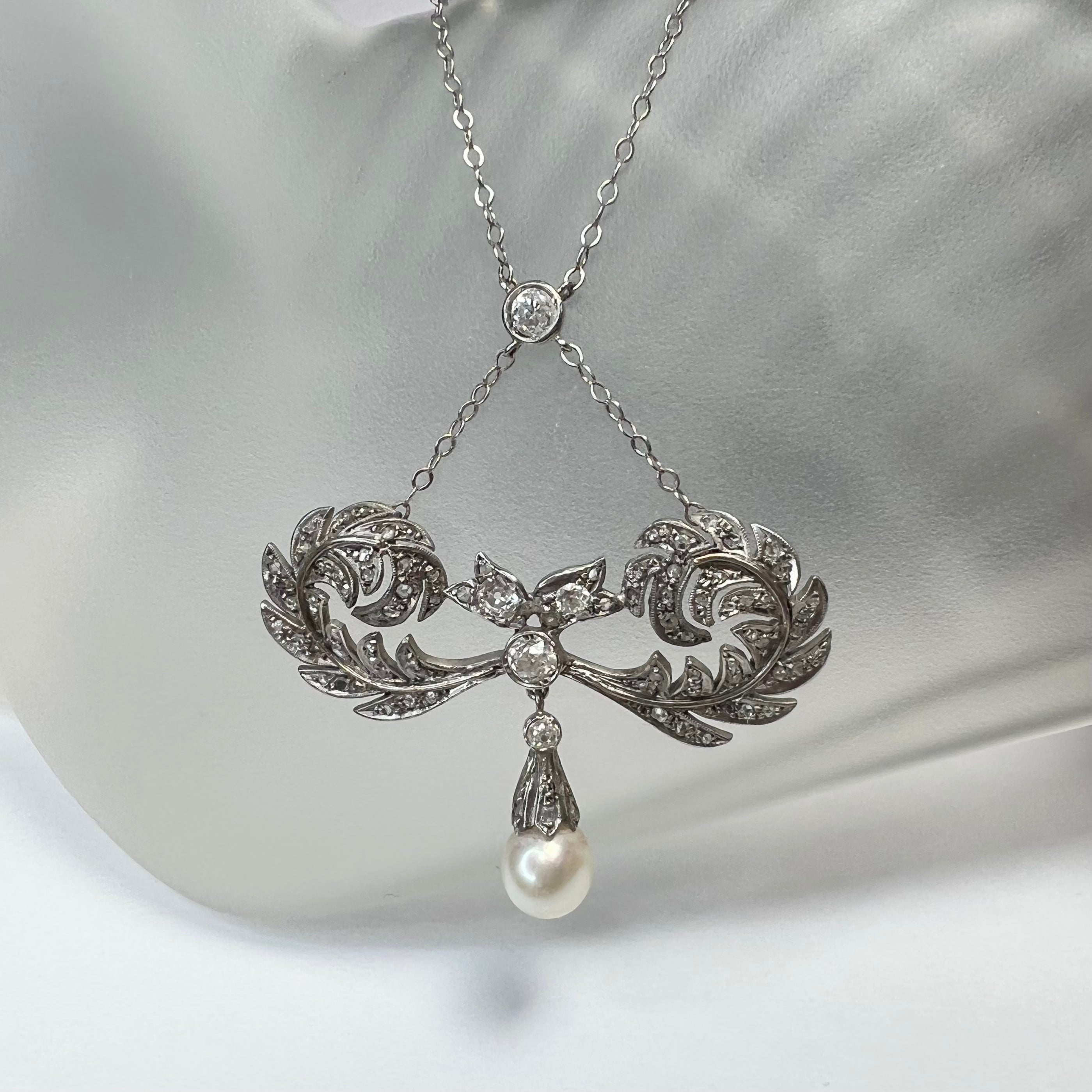 18K White Gold Edwardian Pearl & Old Mine Diamond Lariat Necklace 16"
