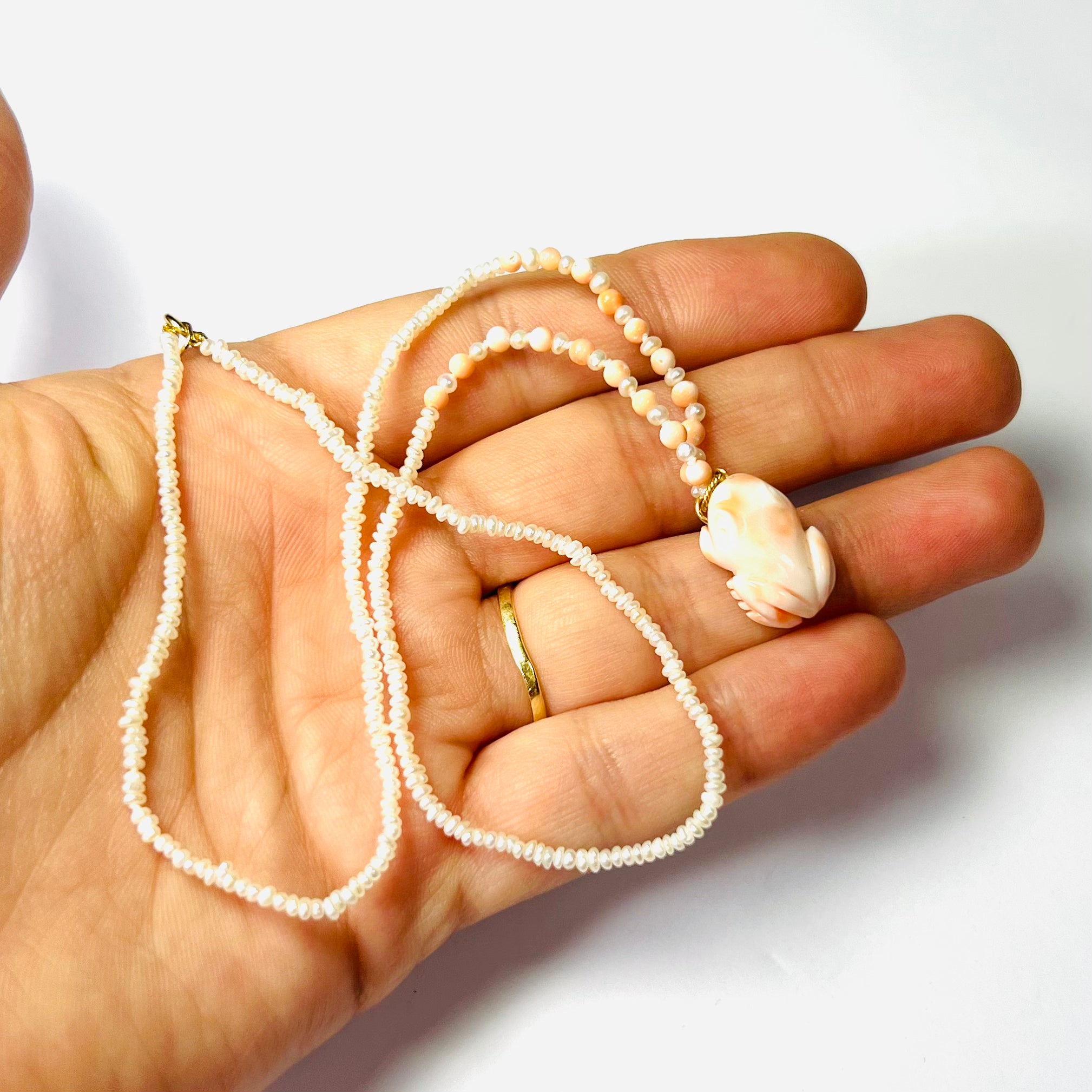 16" 14K Yellow Gold Frog Carved Natural Coral on Seed Pearl Necklace