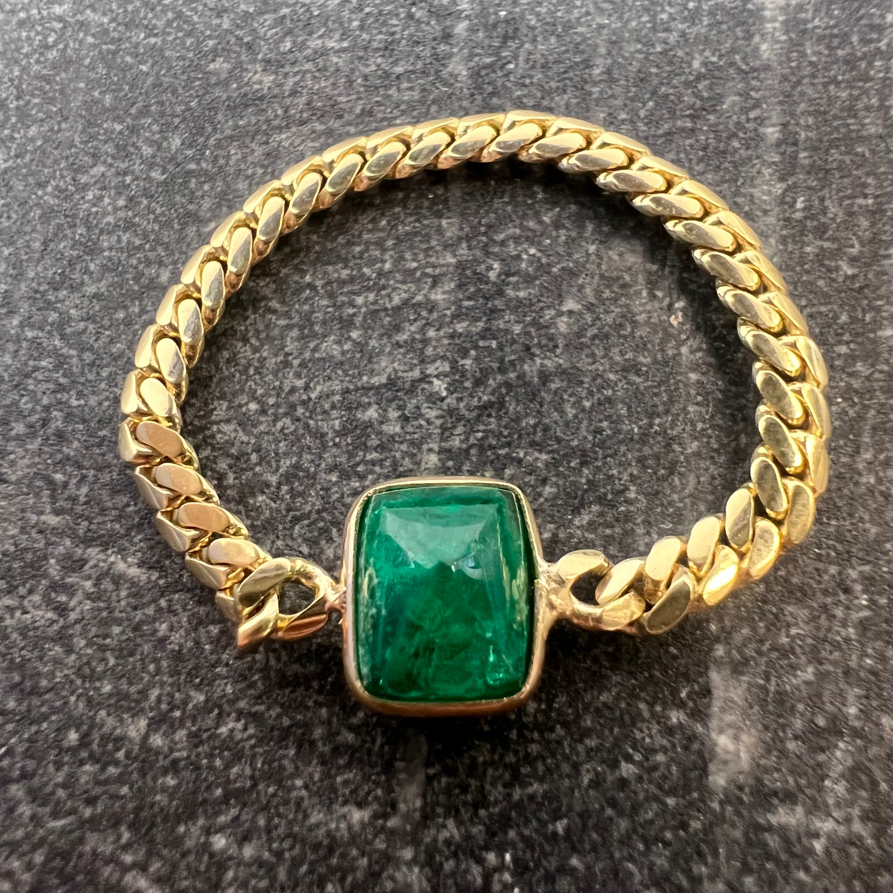 Solid 14K Yellow Gold Square Cabochon Emerald Cuban Chain Ring Size 7.5