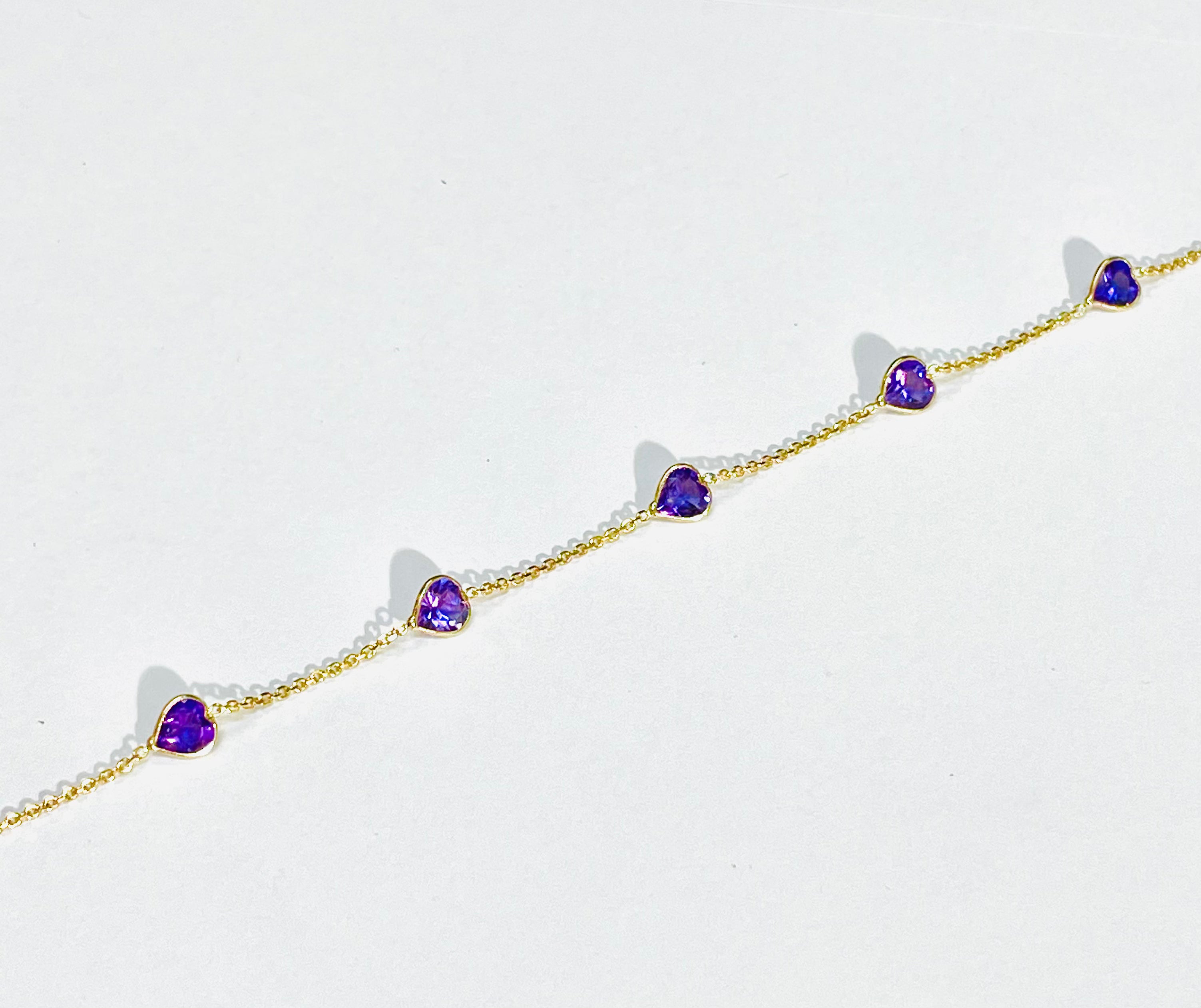 Natural Amethyst Sweet Heart Station Bracelet 14 Yellow Gold 6.25-6.75"