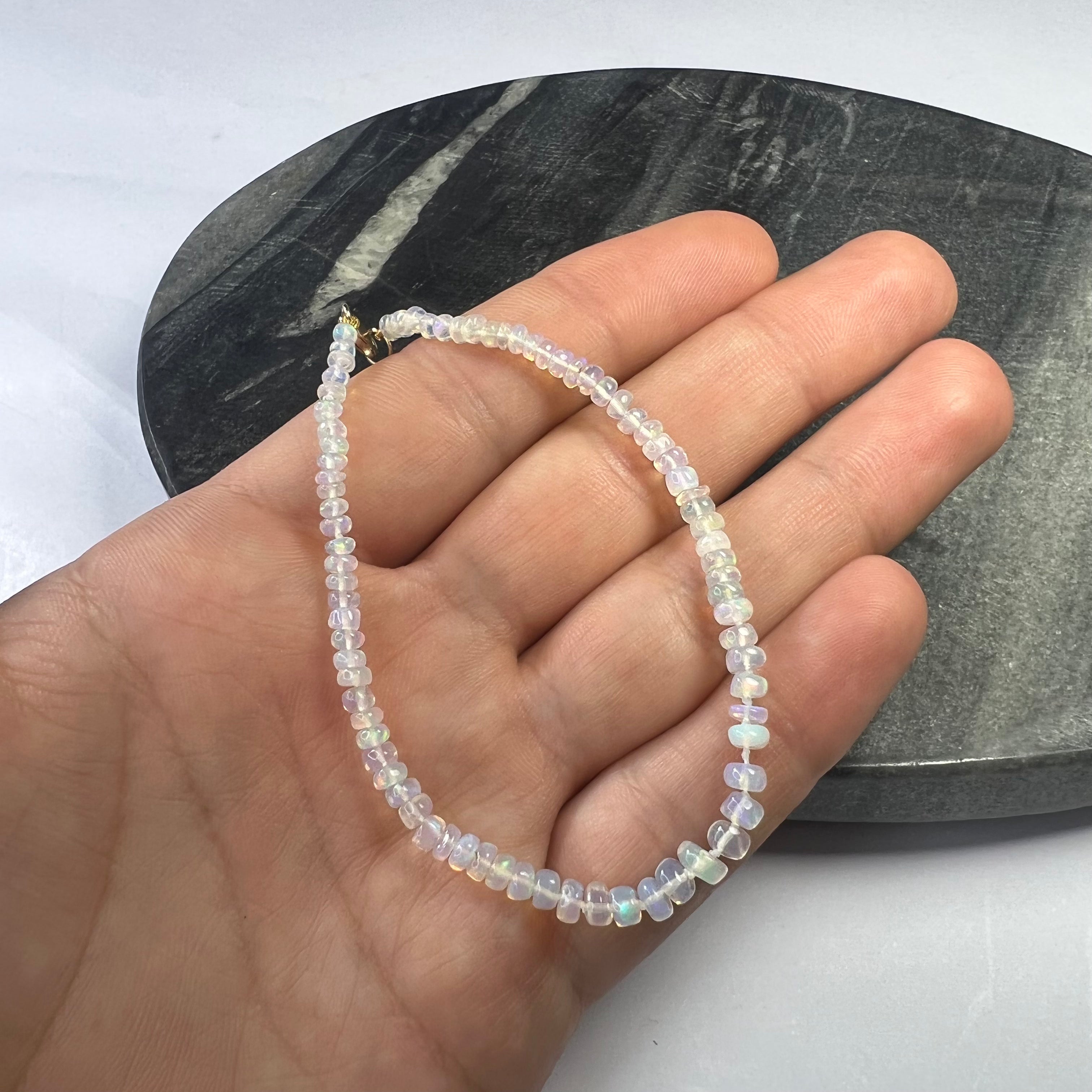 White Opal Beaded Bracelet 14K Gold 7.5"