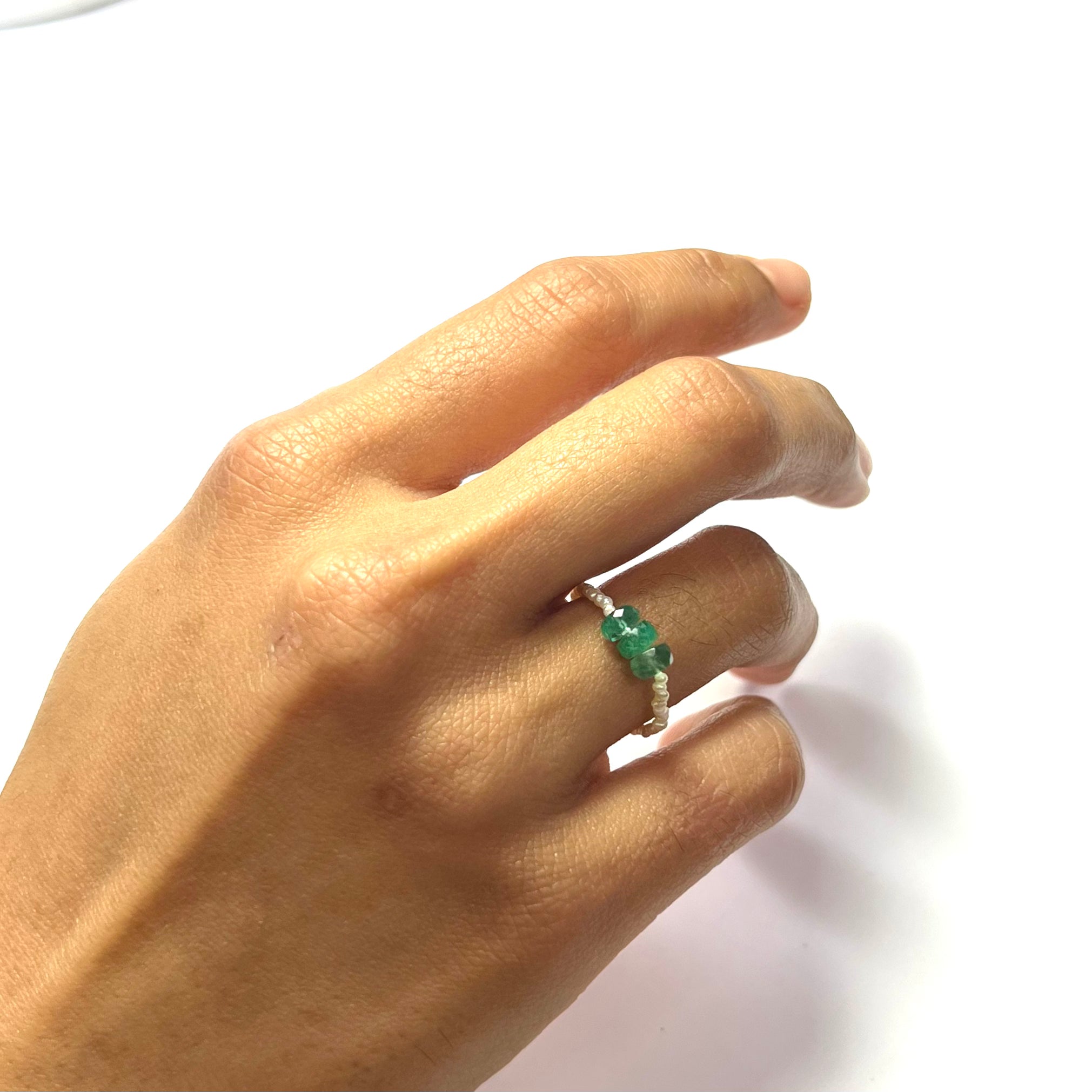 Natural Seed Pearl Eternity Rough Emerald Ring Size 7.25