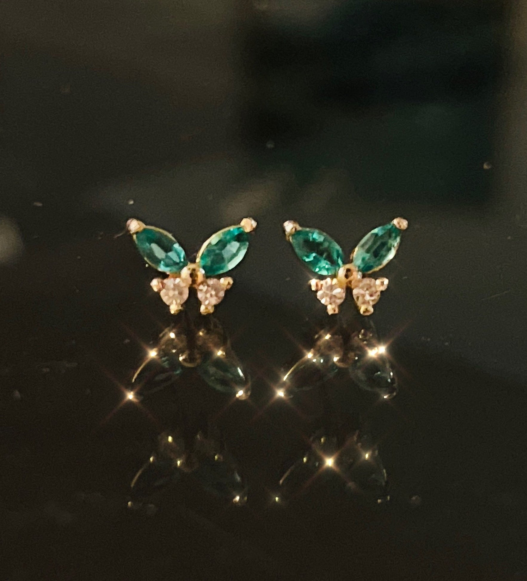 Natural Emerald and Diamond Solid 14K Yellow Gold Butterfly Stud Earrings