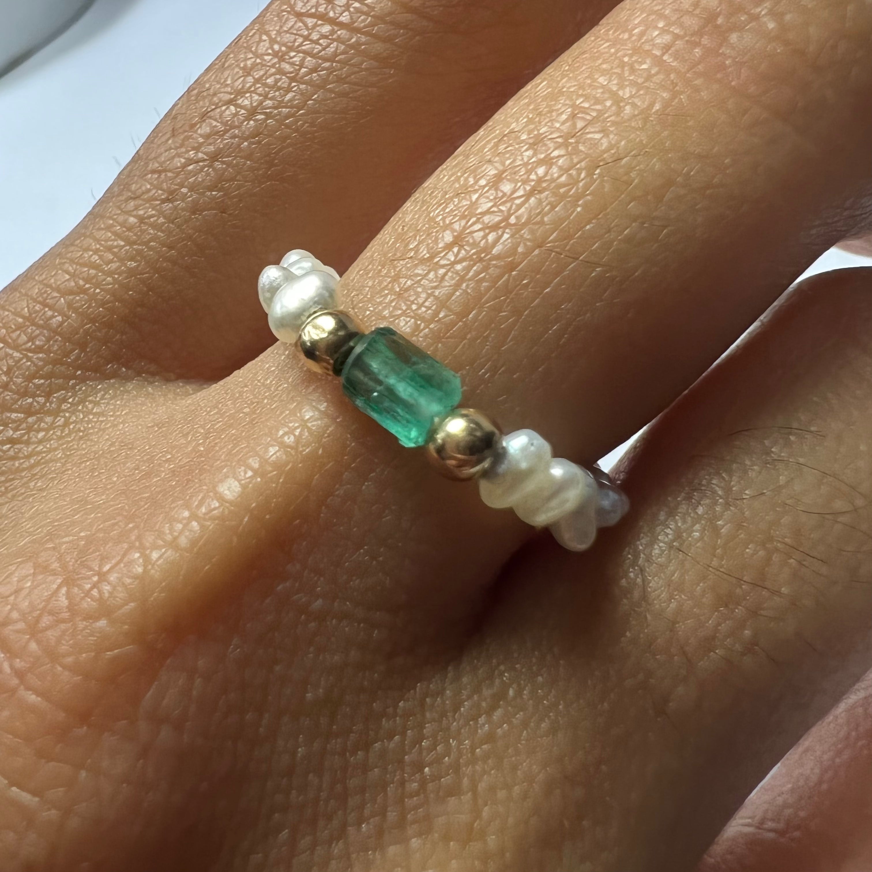 Natural Seed Pearl Eternity Rough Emerald & Gold Bead Ring Size 7.5