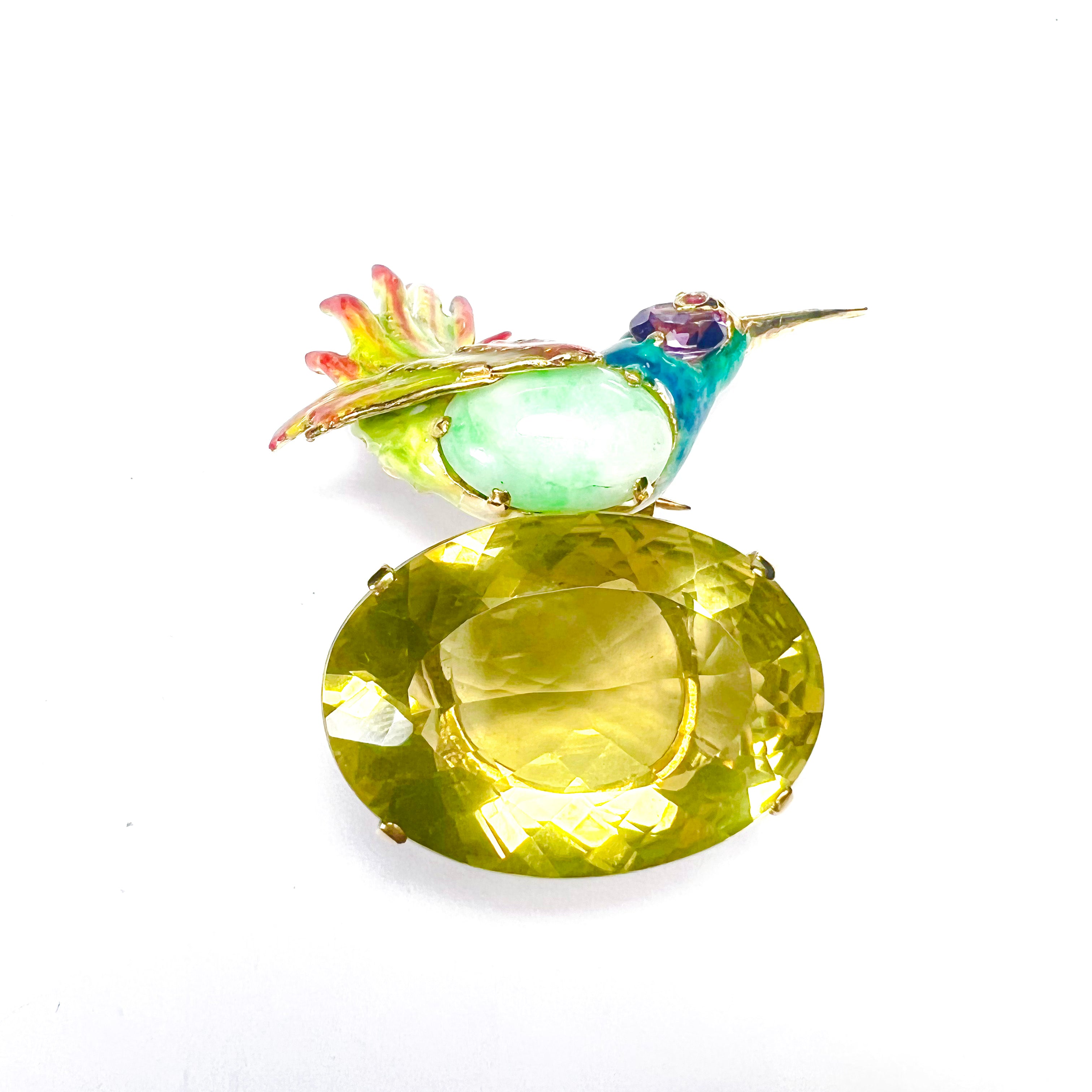 Unique 14K Yellow Gold Natural Stones And Enamel Humming Bird Brooch Pin 2"