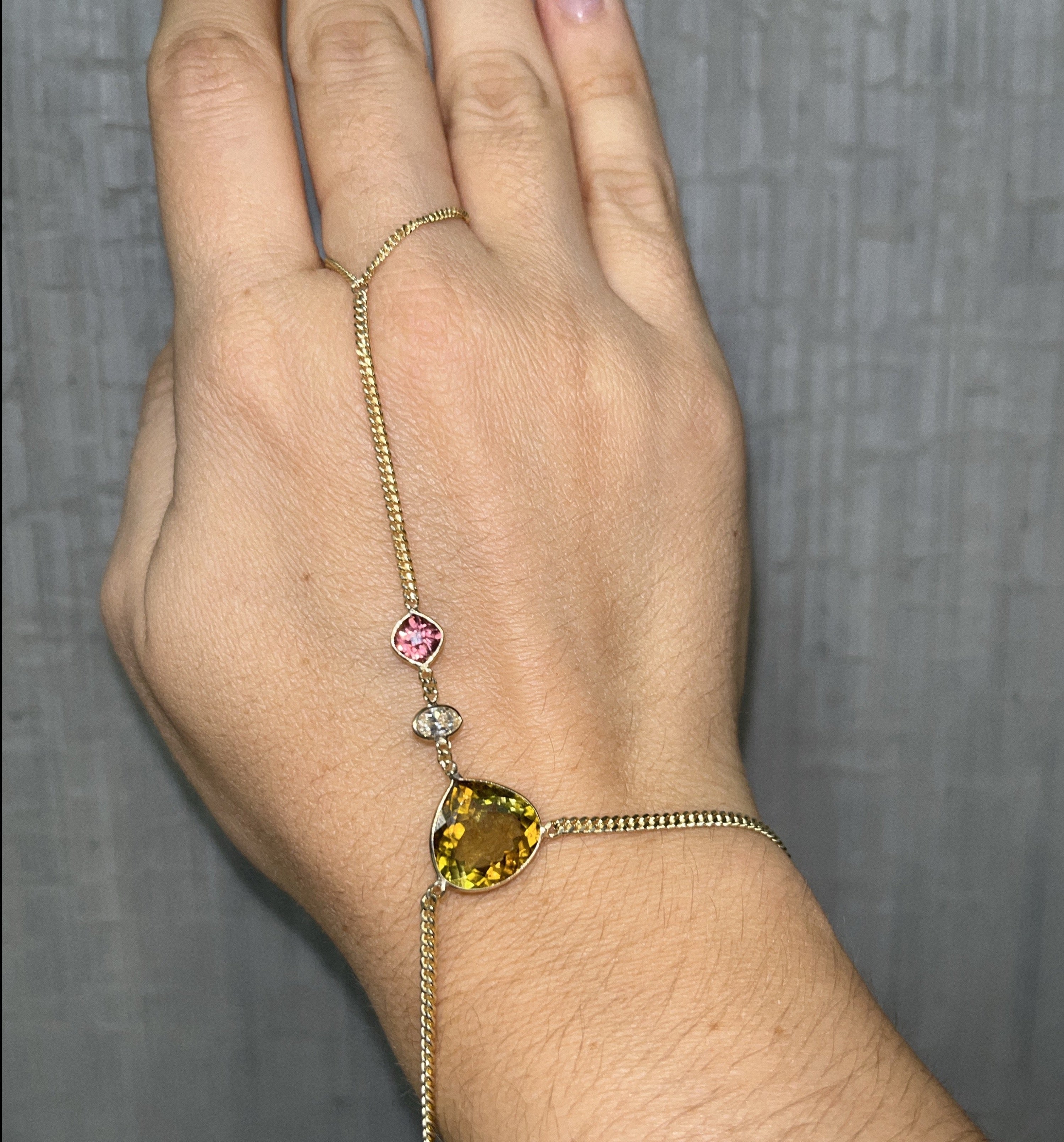 Golden and Pink Tourmaline with a Diamond Hand Chain 14K Yellow Gold Curb Link