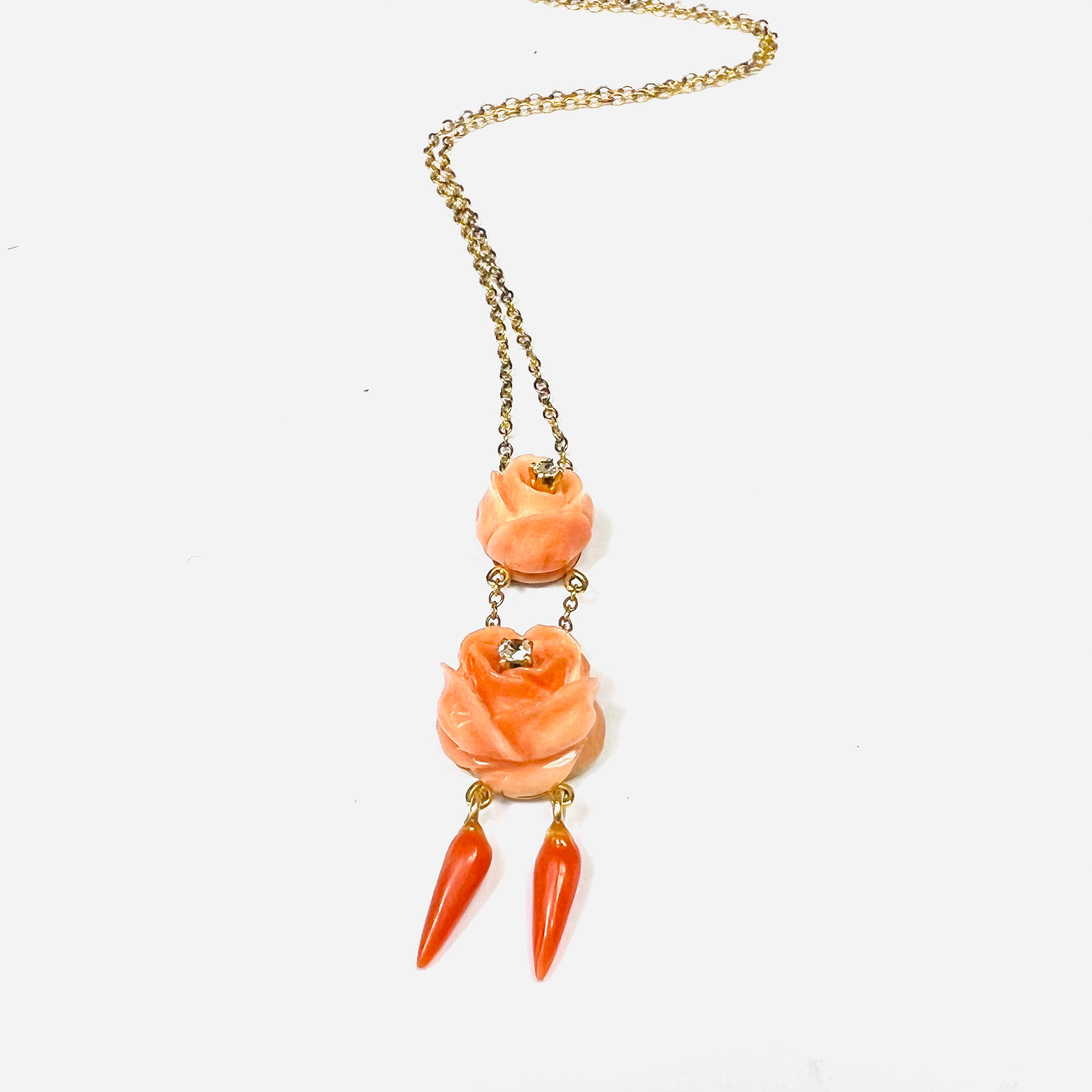 Rose Carved Orange Coral and Diamond 15" 14K Yellow Gold Necklace