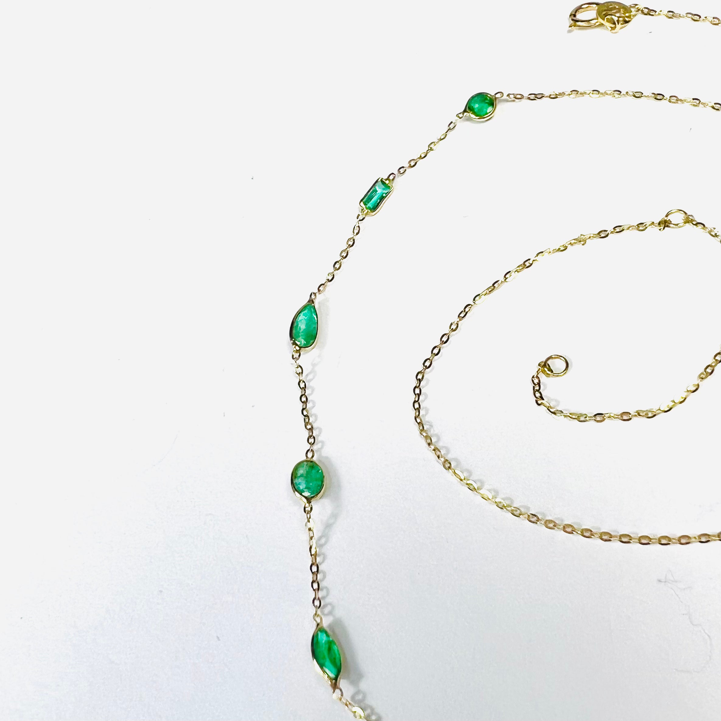 Stationed Emerald  19" 14K Yellow Gold Flat Cable Chain Necklace