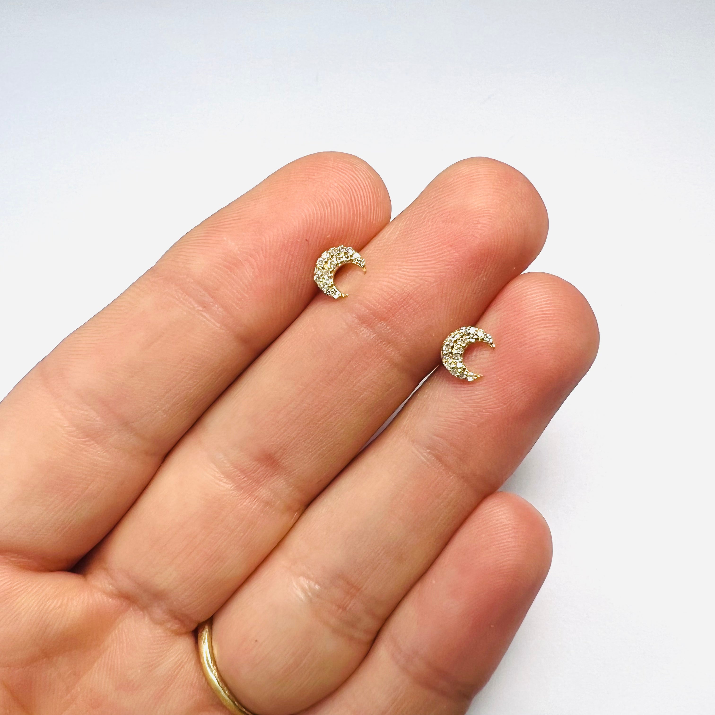 14k Yellow Gold Pave Diamond Moon Earring Studs 6x5mm