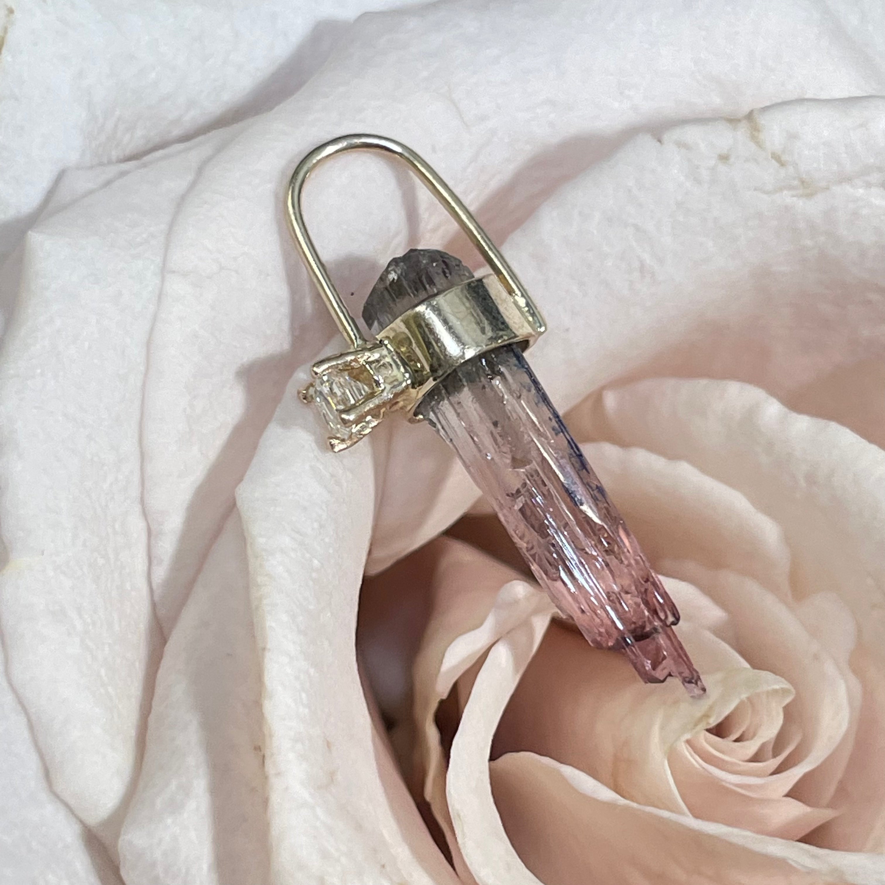 Rough Pink Tourmaline and Diamond 14K Yellow Gold Amulet