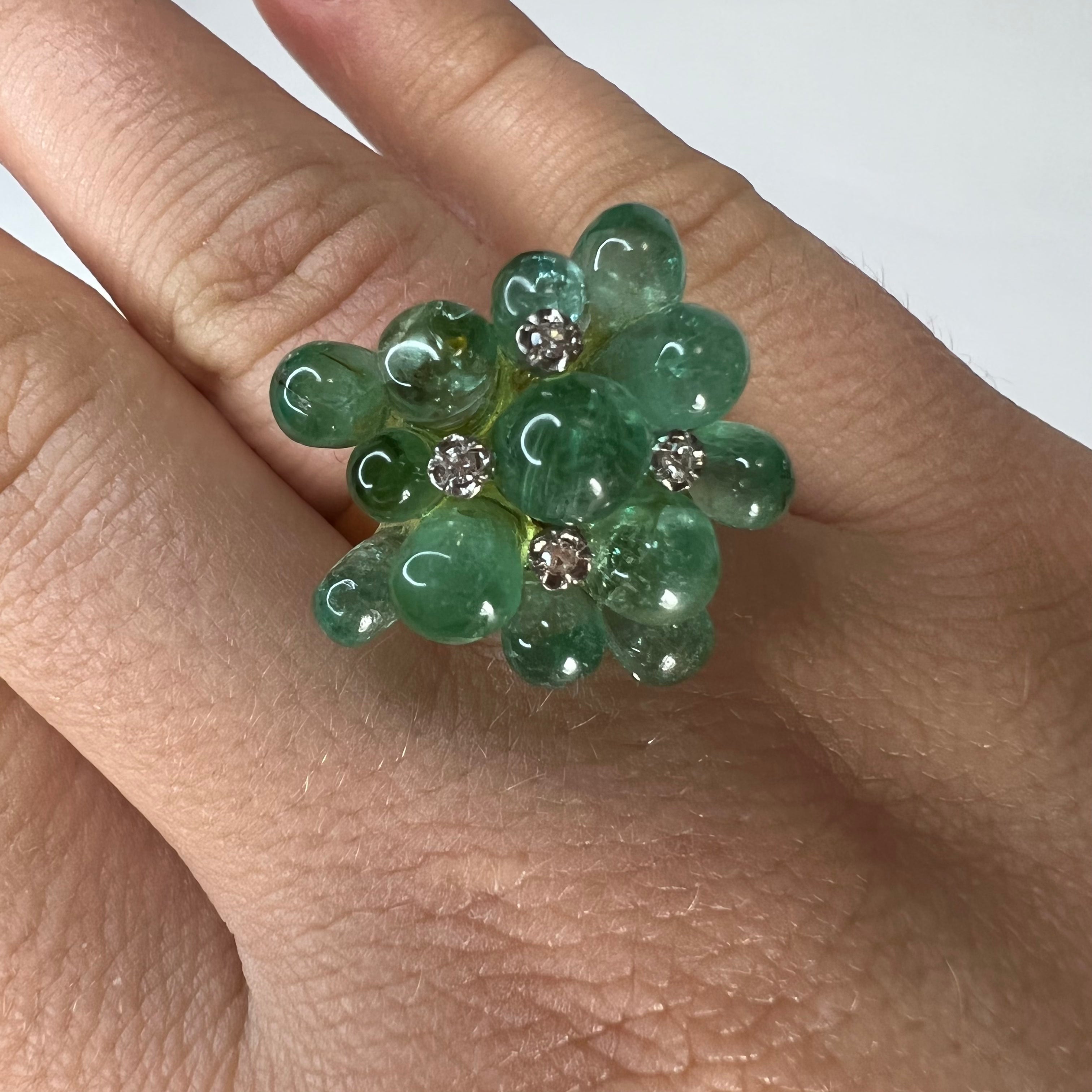 Solid 14K Yellow Gold Cabochon Emerald Droplet Cluster with Diamonds Ring Size 7