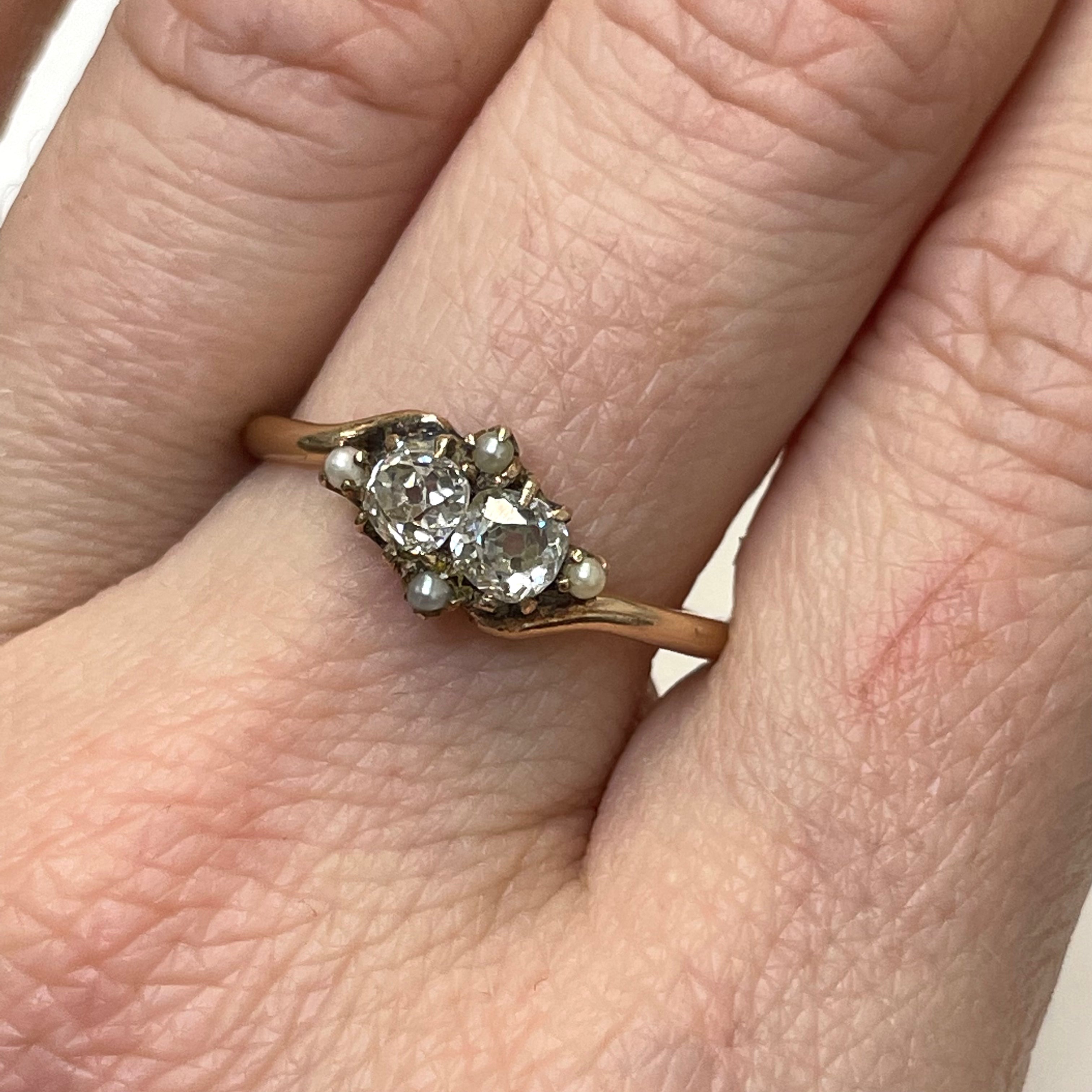 Victorian OMC Double Diamond Pearl Ring Size 8.5
