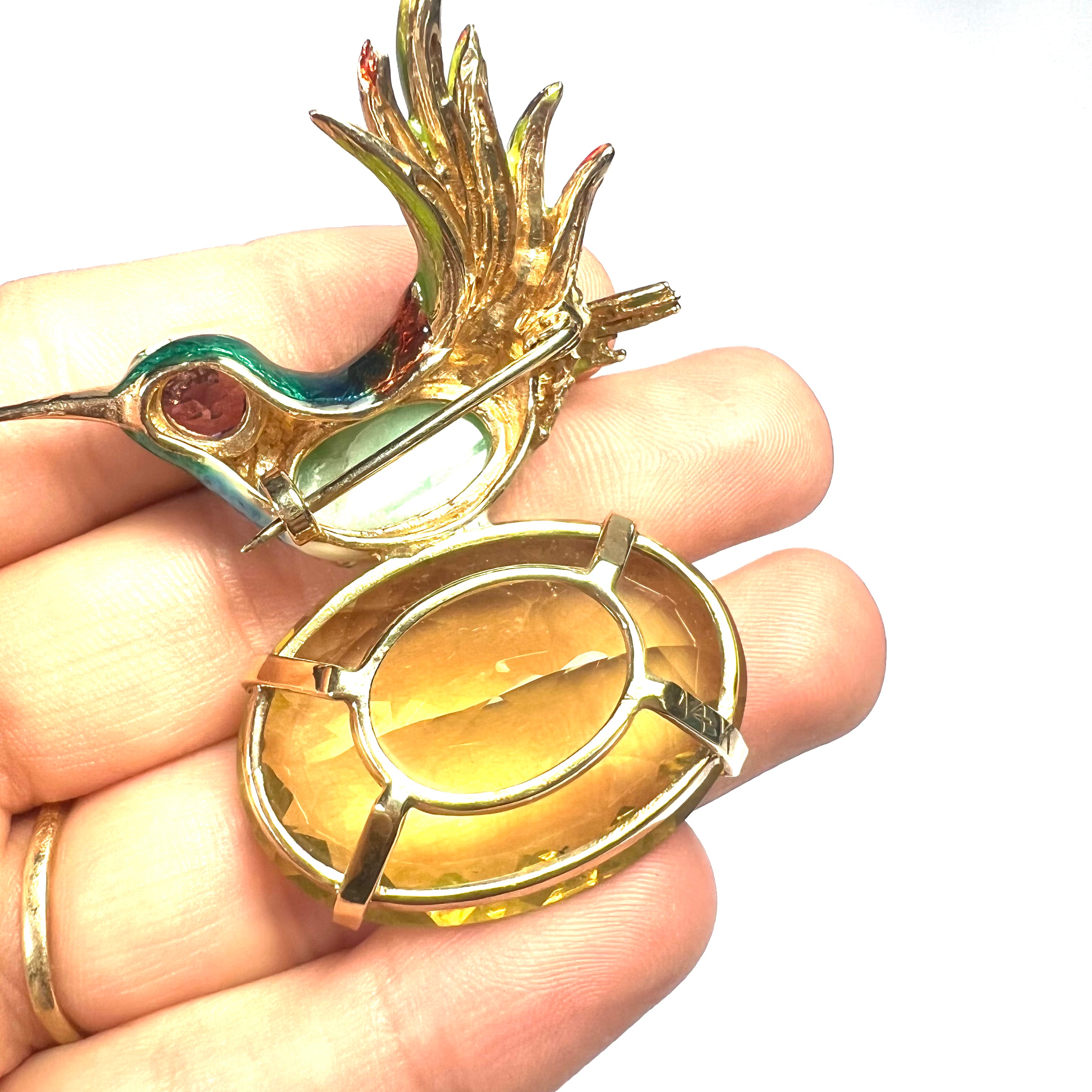 Unique 14K Yellow Gold Natural Stones And Enamel Humming Bird Brooch Pin 2"