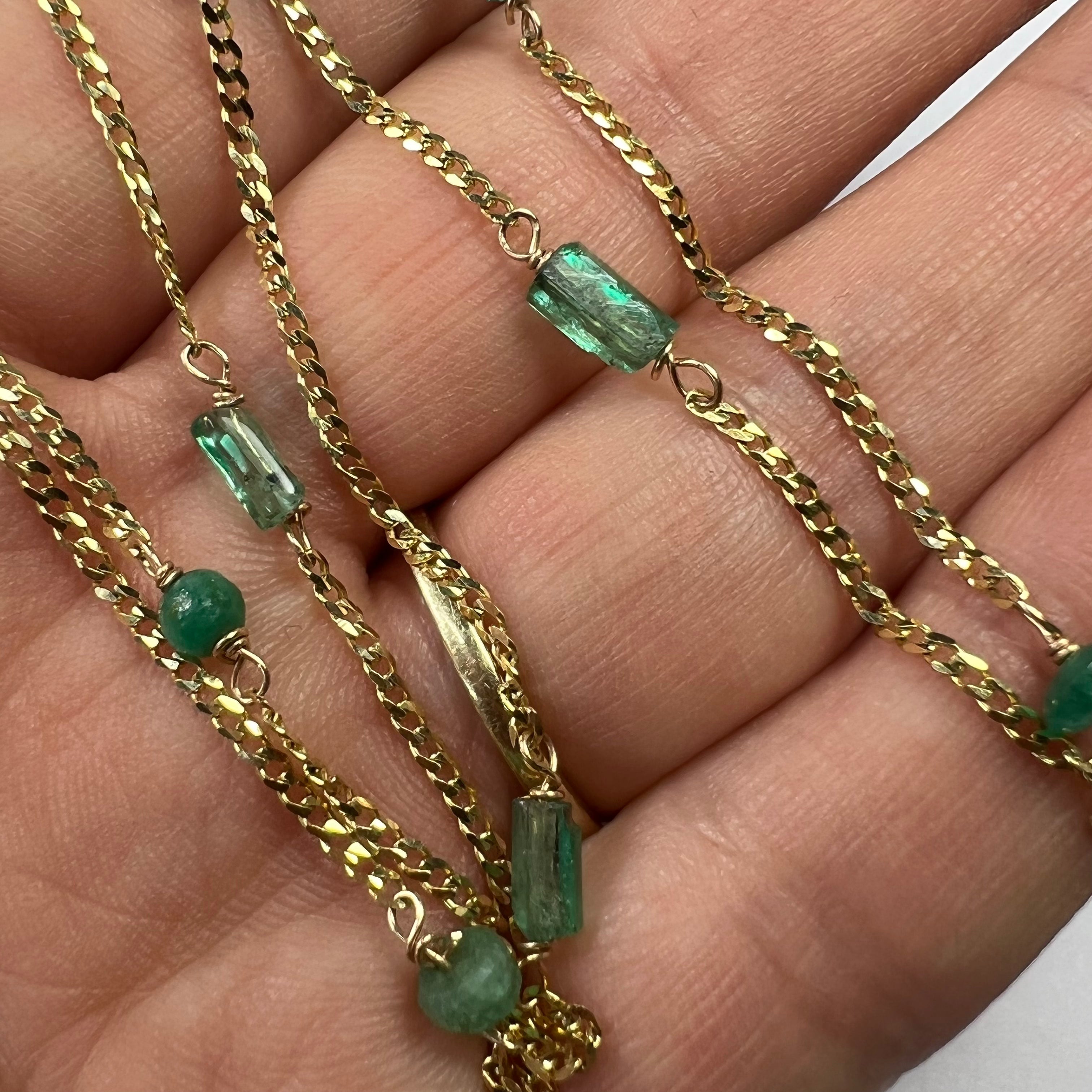 Rough Emerald Stationed 17.5" 14K Yellow Gold Cuban Chain Necklace