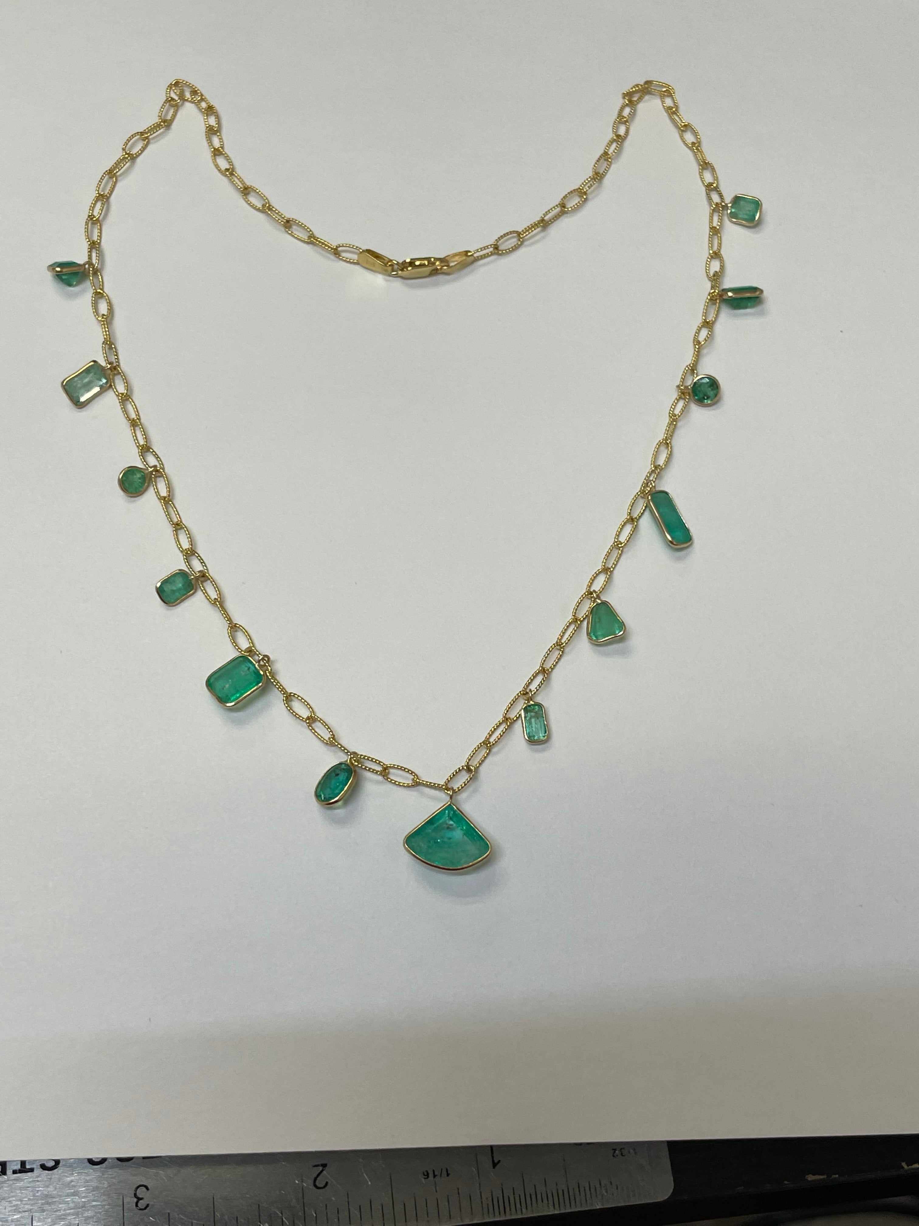 10.3CTS Multi Shape Colombian Emeralds 16" 14K Yellow Gold Dangle Necklace
