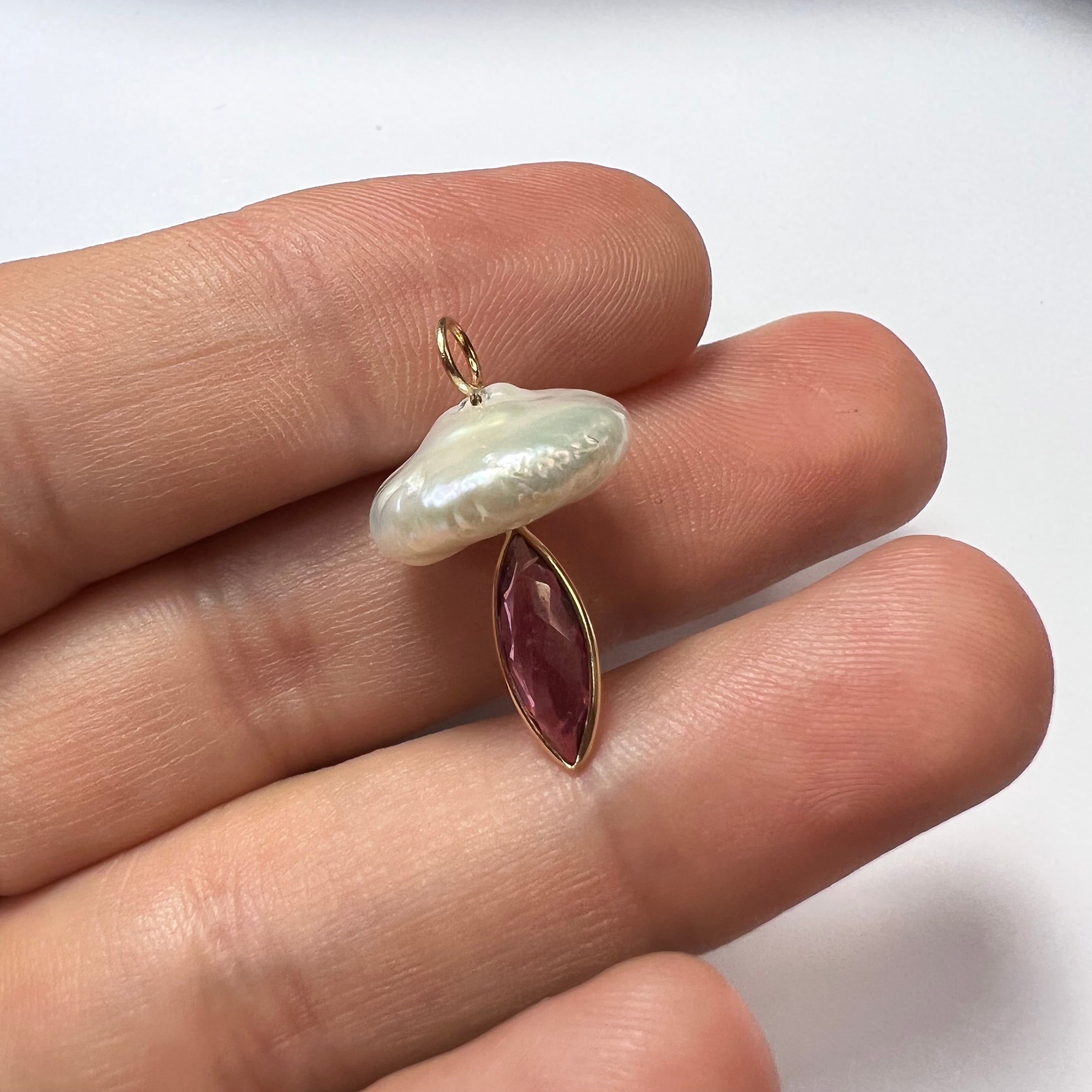 Natural Tourmaline and Pearl Mushroom 14K Yellow Gold Pendant Charm 24x14.50mm