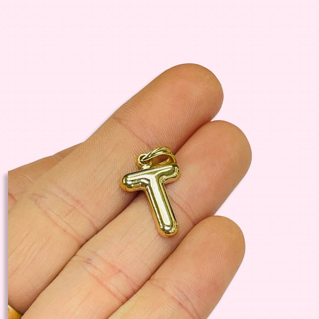 Initial T Puffy Balloon Letter 10K Yellow Gold Pendant
