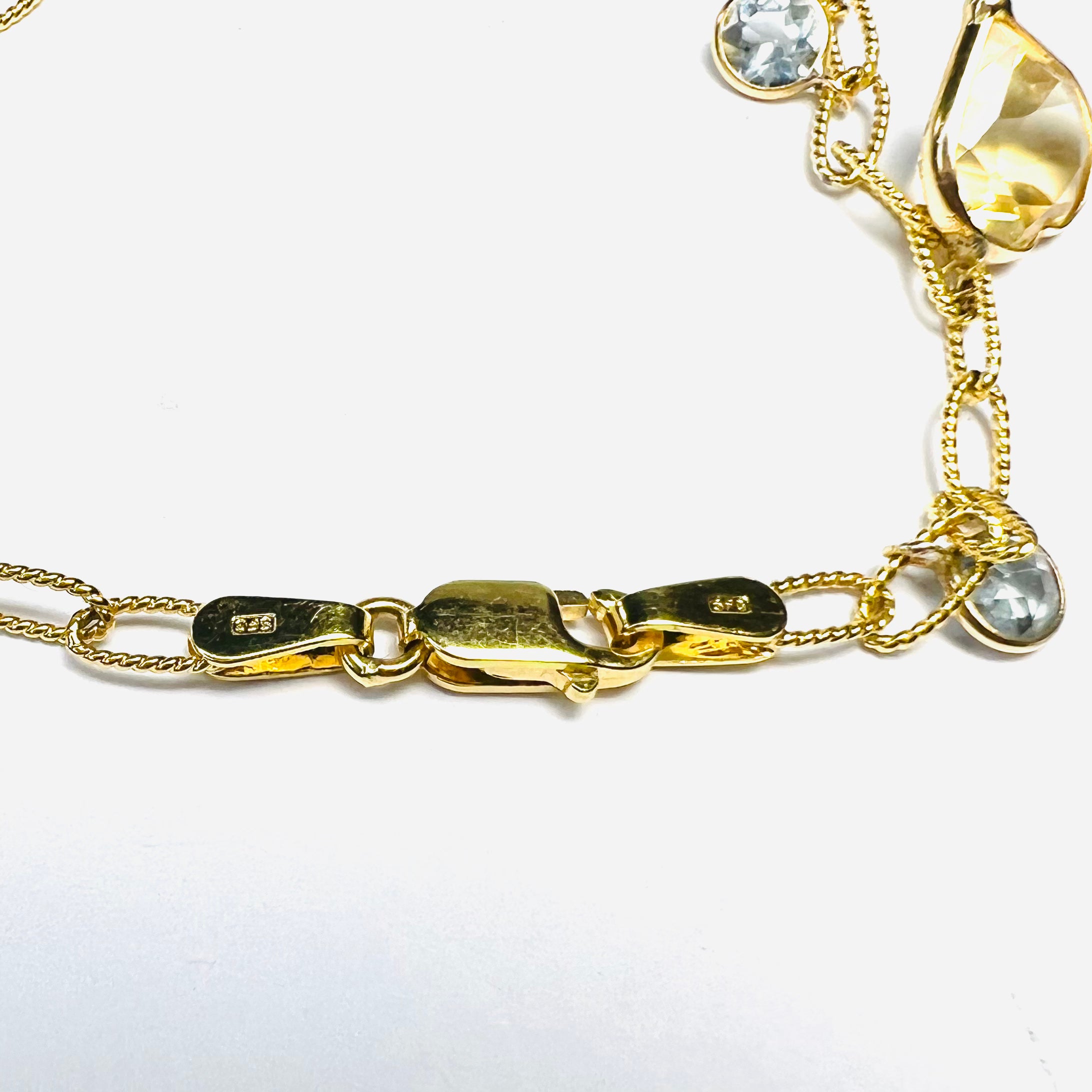 14K Yellow Gold Heart Citrine & Aquamarine Textured Link Bracelet 6.5"