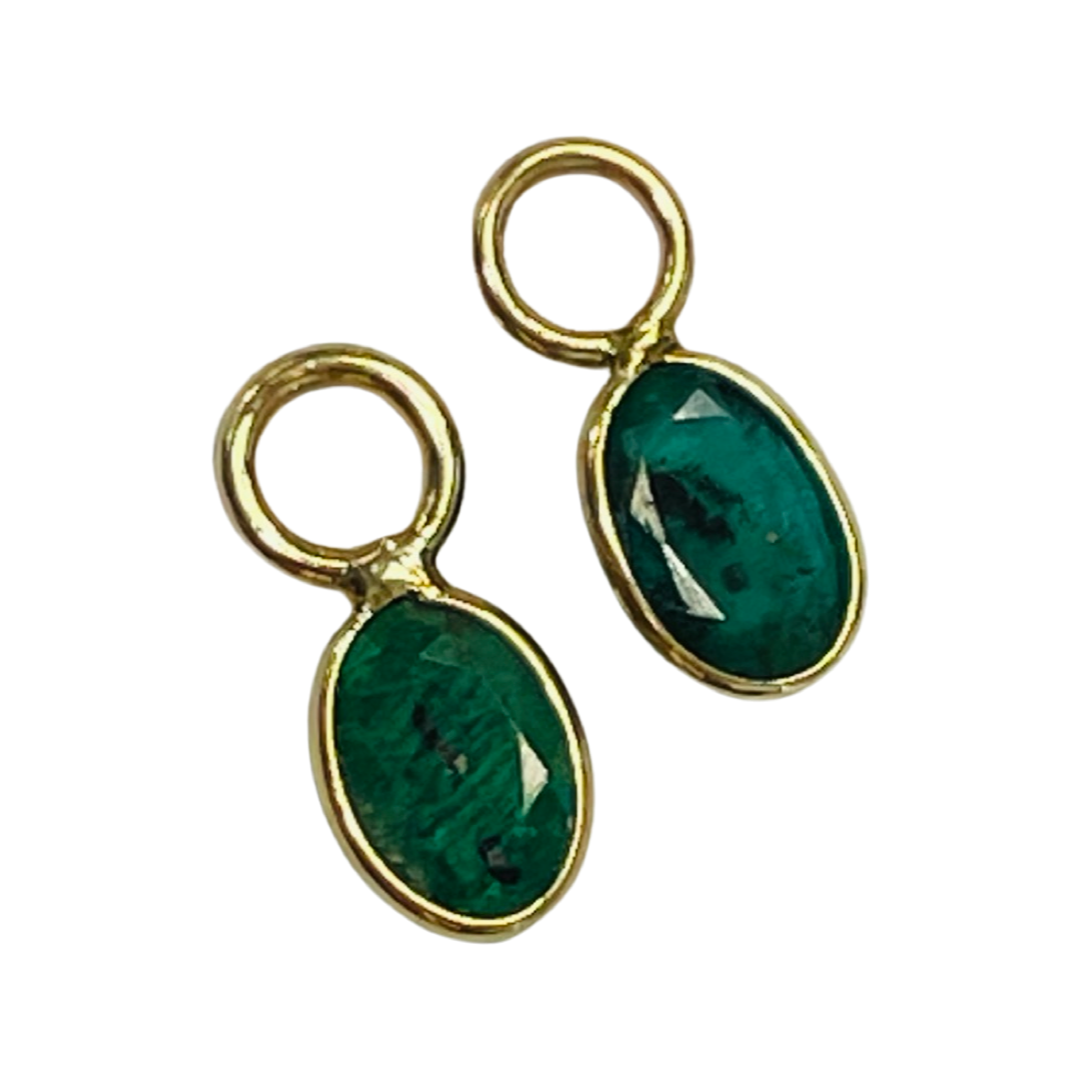 14K Yellow Gold Oval Emerald Earring Charm Pair