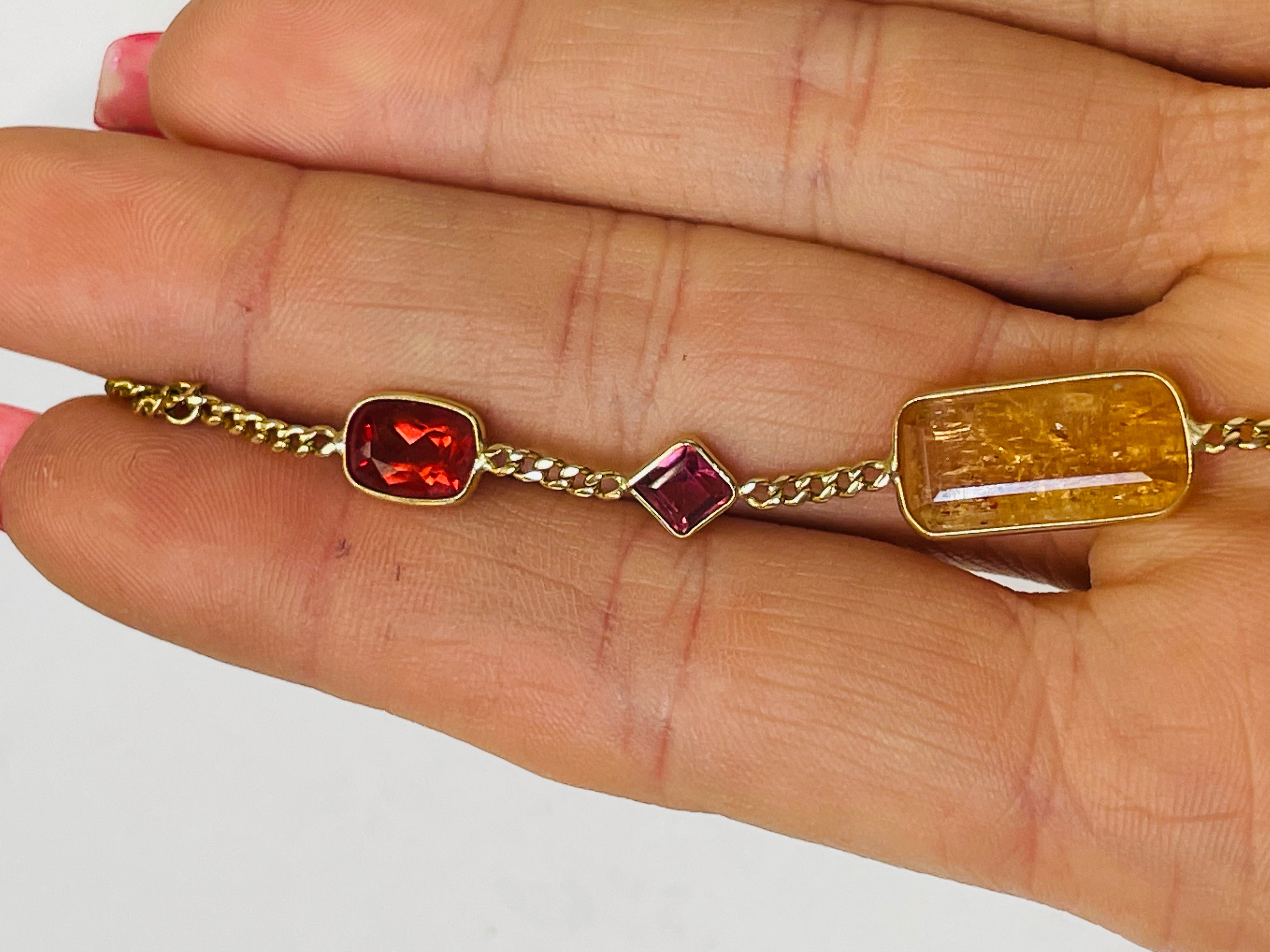 Red Labradorite Pink Tourmaline Imperial Topaz Handchain in solid 14k Yellow Gol