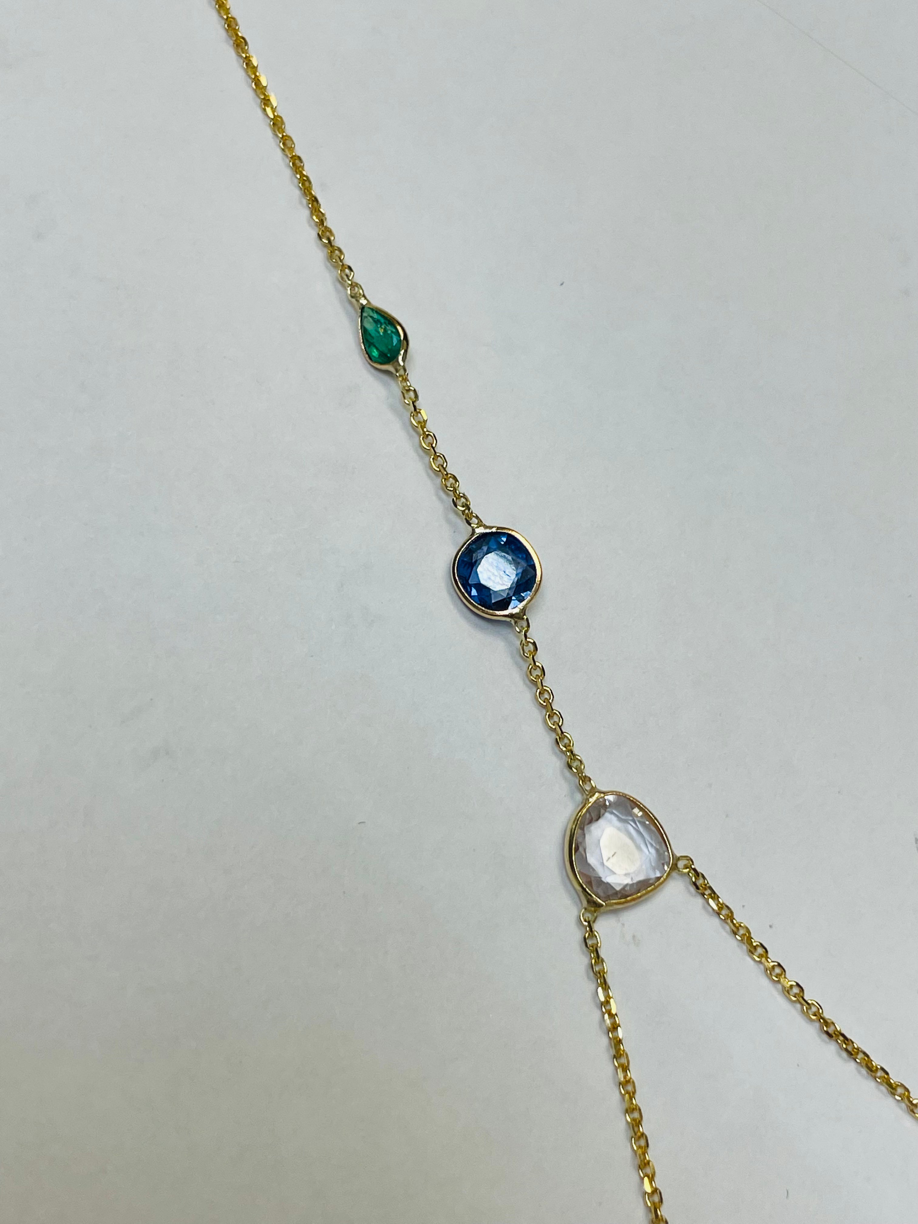 Rose Cut Sapphire, Blue Sapphire and Emerald Hand Chain Solid 14k Yellow Gold