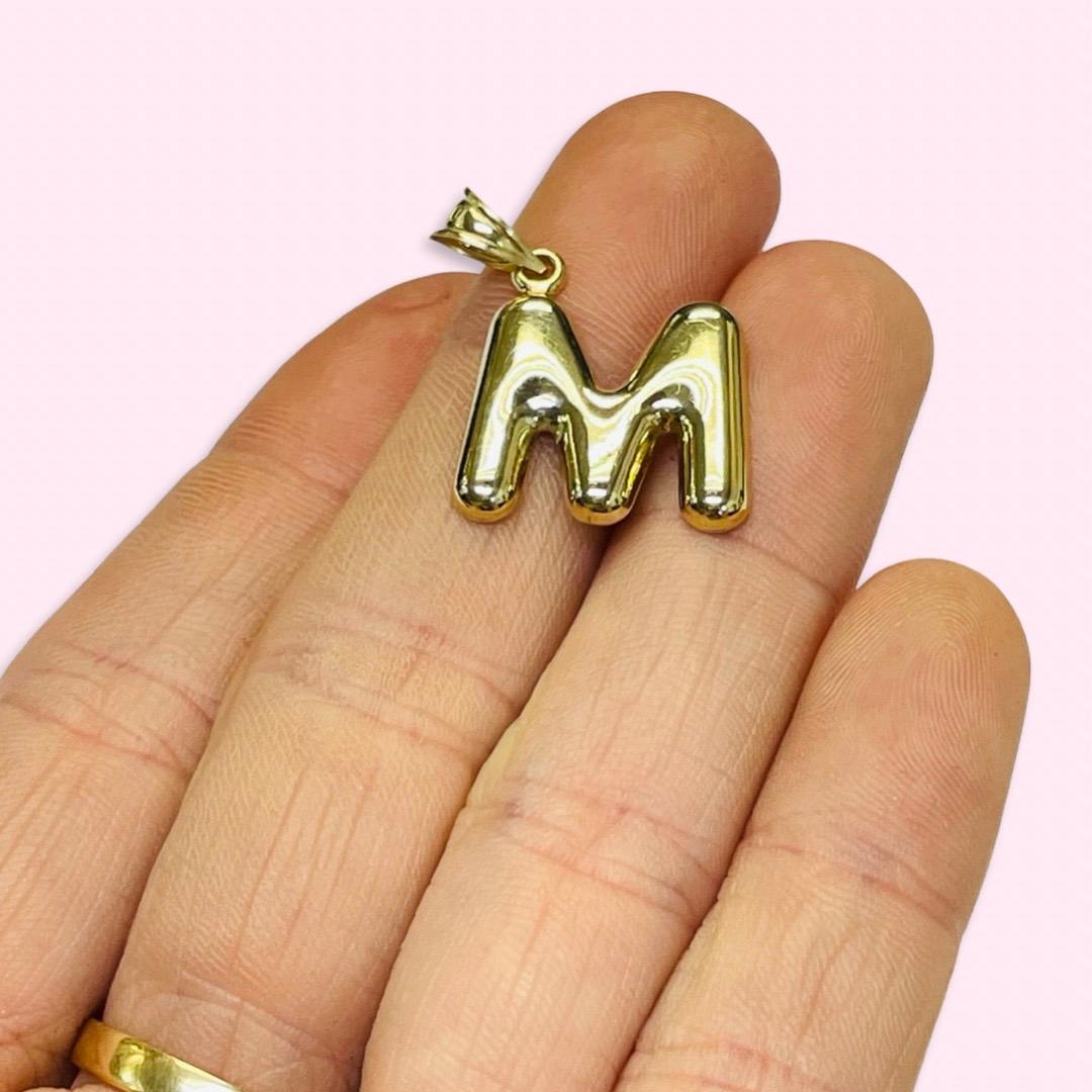 Initial M Puffy Balloon Letter 10K Yellow Gold Pendant