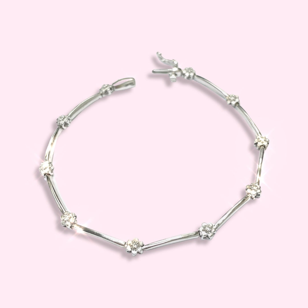 .10CT Natural Diamond 7" Solid 14K White Gold Flower Tennis Bracelet