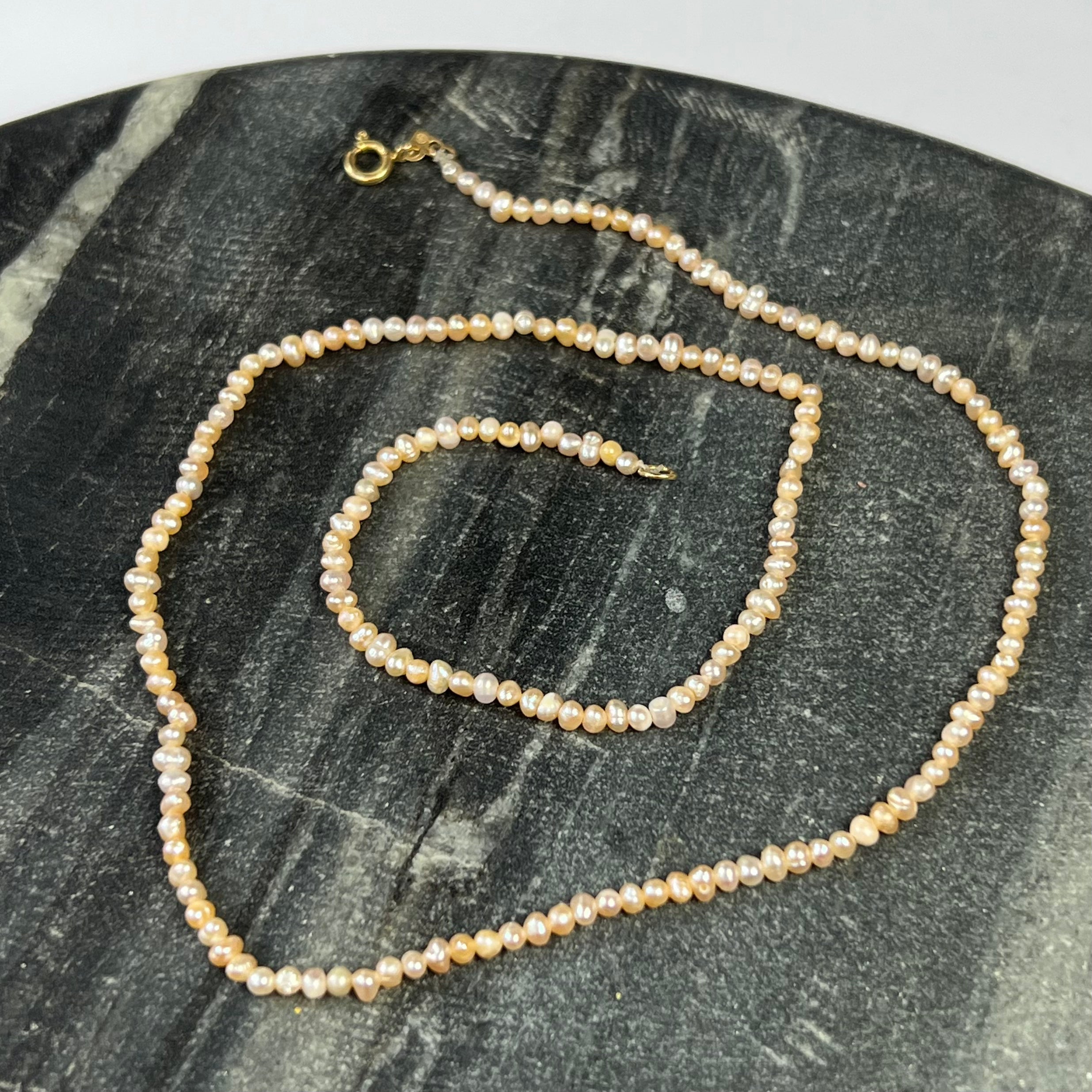Pink Seed Pearl Necklace 14K Yellow Gold 15.5"