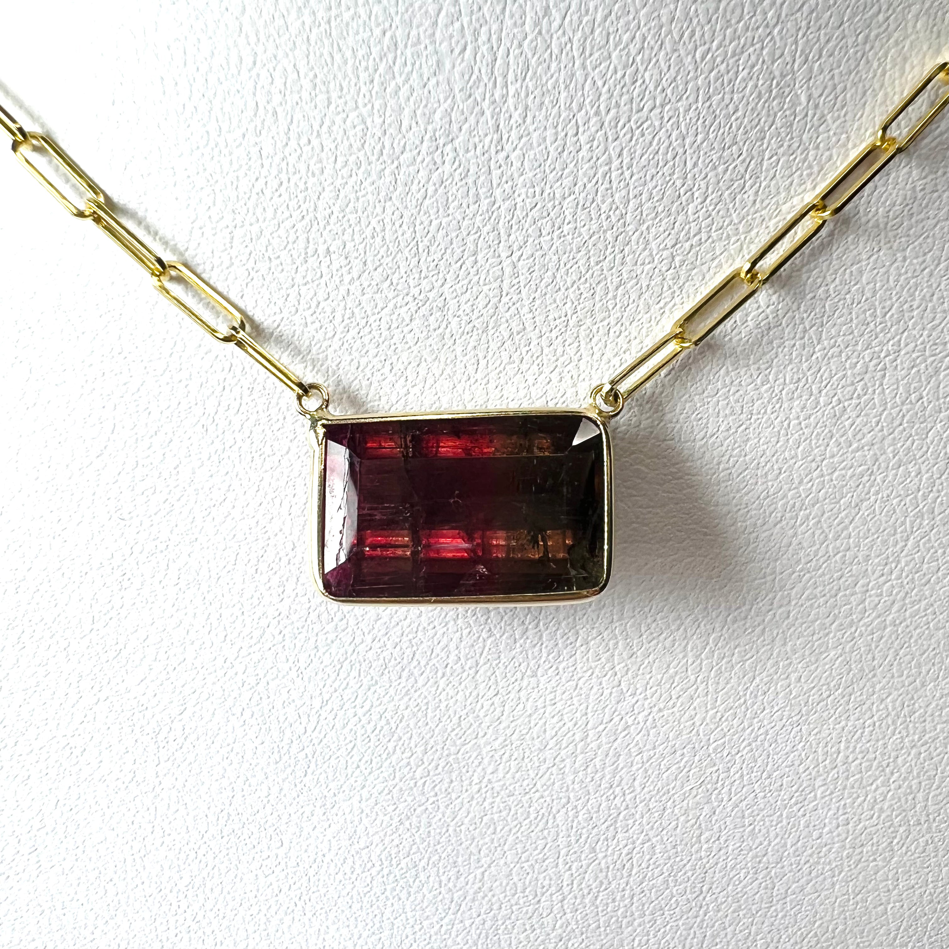 Red Tourmaline 18" 14K Yellow Gold Paperclip Necklace
