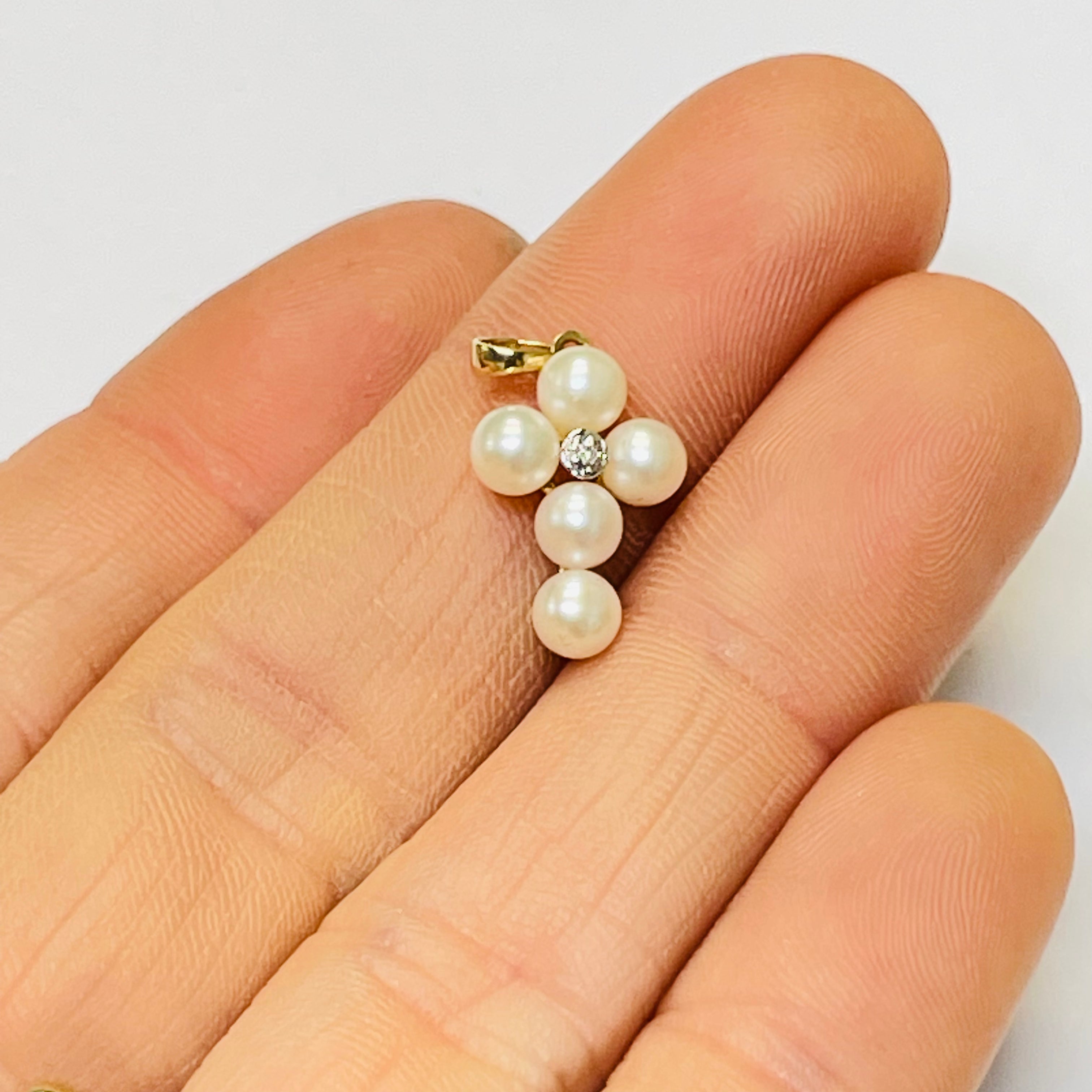 14K Yellow Gold Pearl and Diamond Cross Pendant Charm