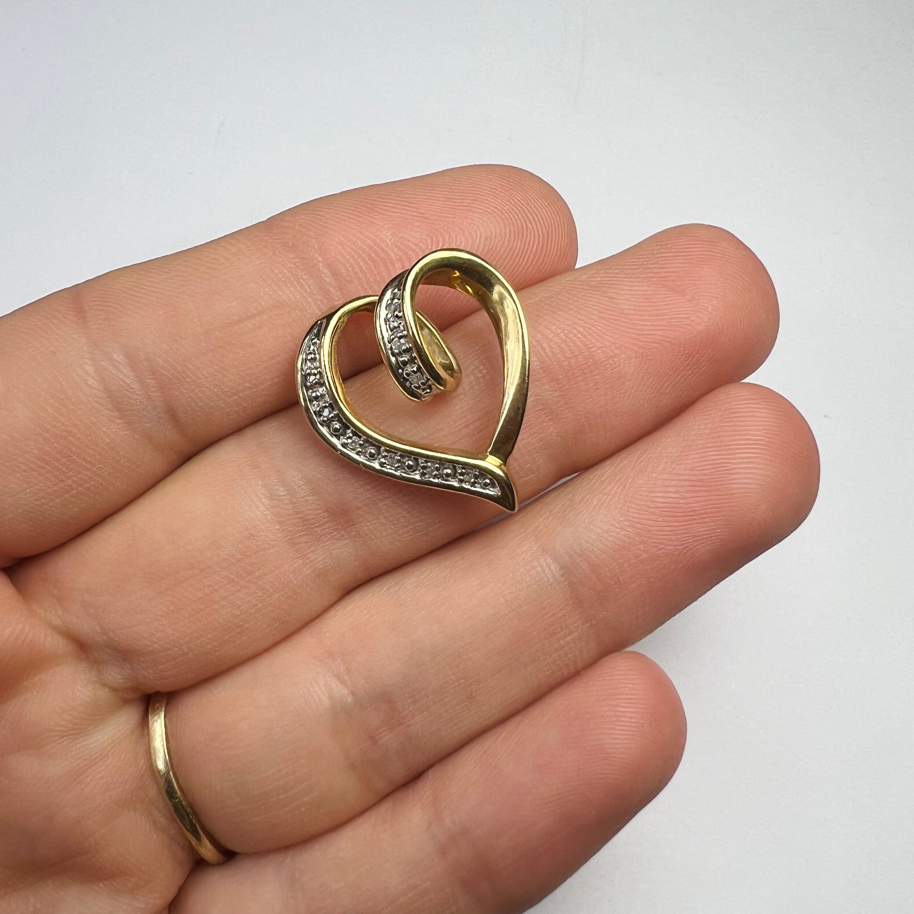 Solid 10K Yellow Gold Diamond Pave Heart Pendant Slide .87"