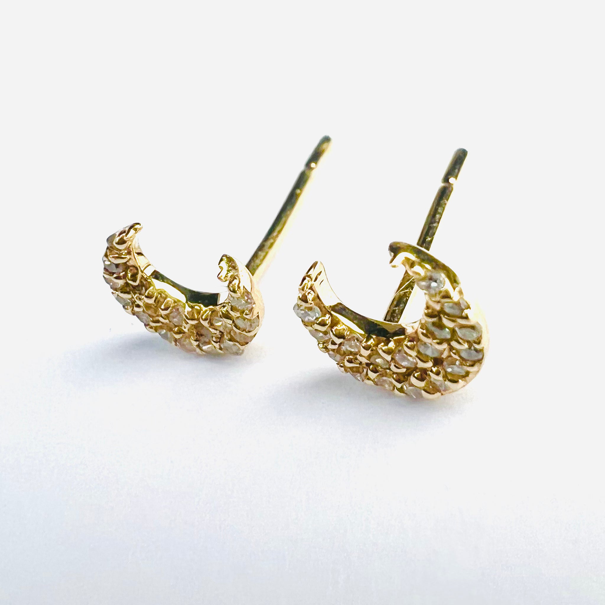 14k Yellow Gold Pave Diamond Moon Earring Studs 6x5mm