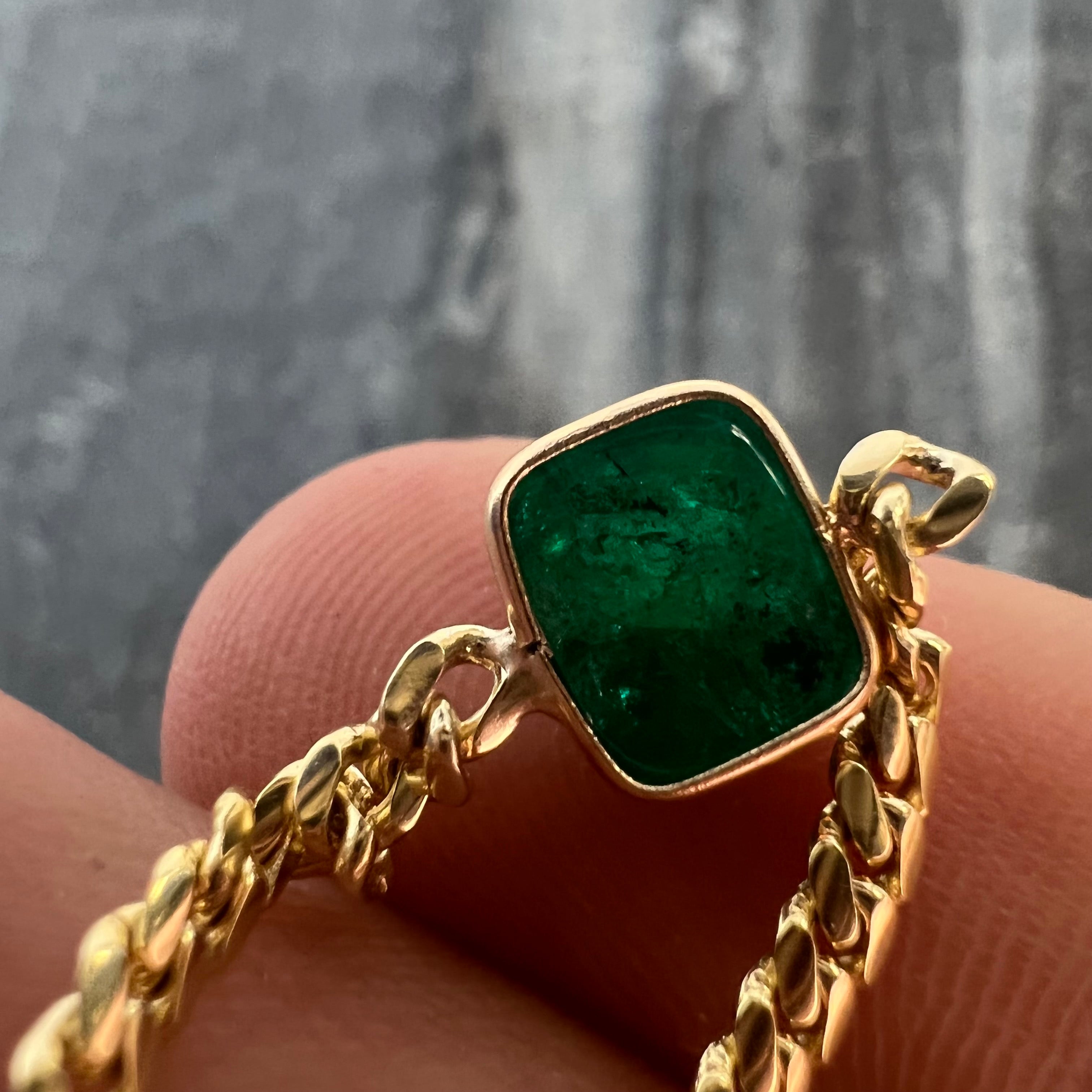 Solid 14K Yellow Gold Square Cabochon Emerald Cuban Chain Ring Size 7.5