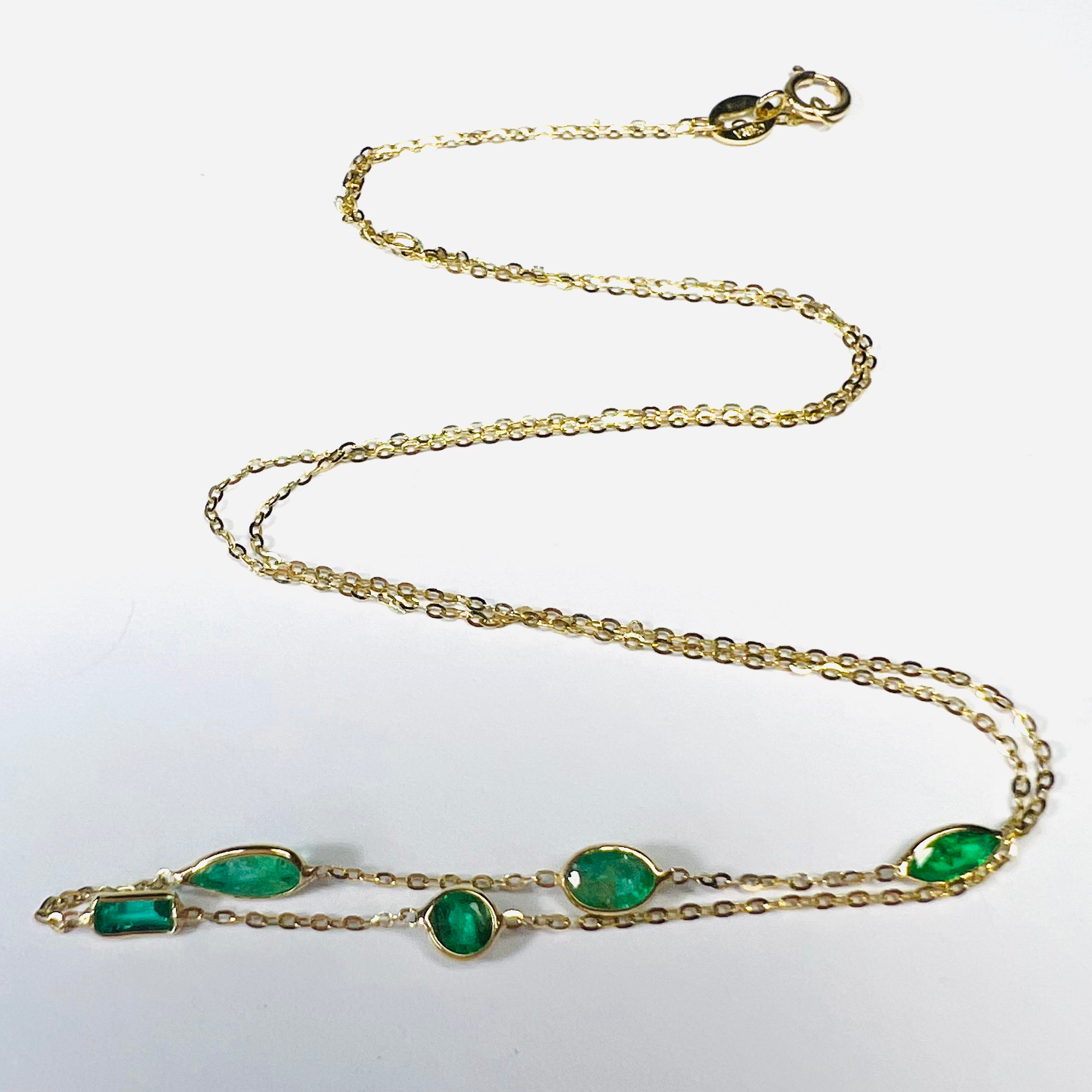 Stationed Emerald  19" 14K Yellow Gold Flat Cable Chain Necklace