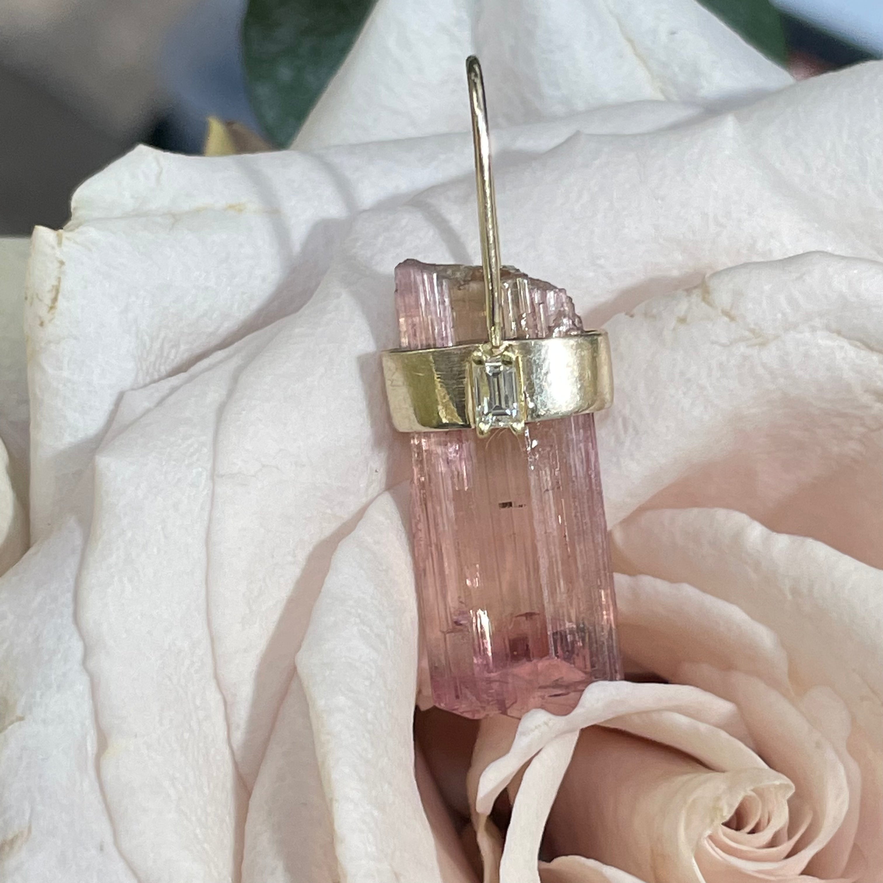 Rough Pink Tourmaline and Diamond 14K Yellow Gold Amulet