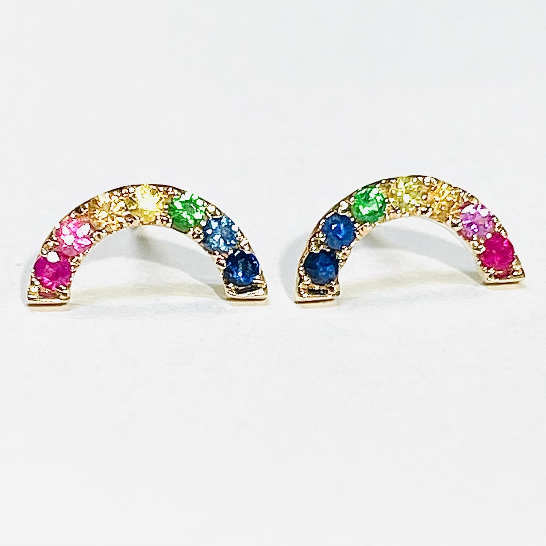 Natural Sapphire 14K Yellow Gold Rainbow Earrings Multi Stone 12x4mm