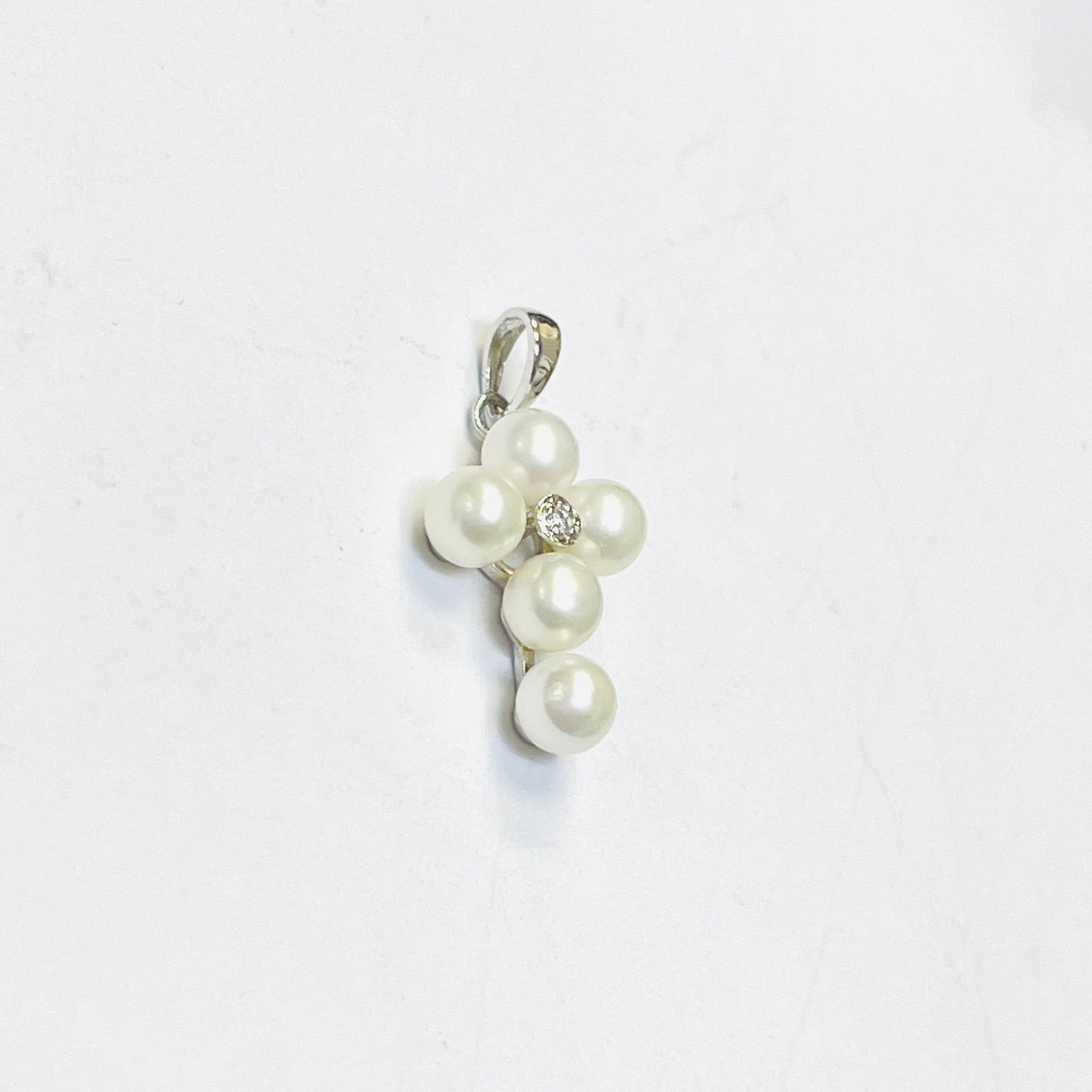 14K White Gold Pearl and Diamond Cross Pendant Charm