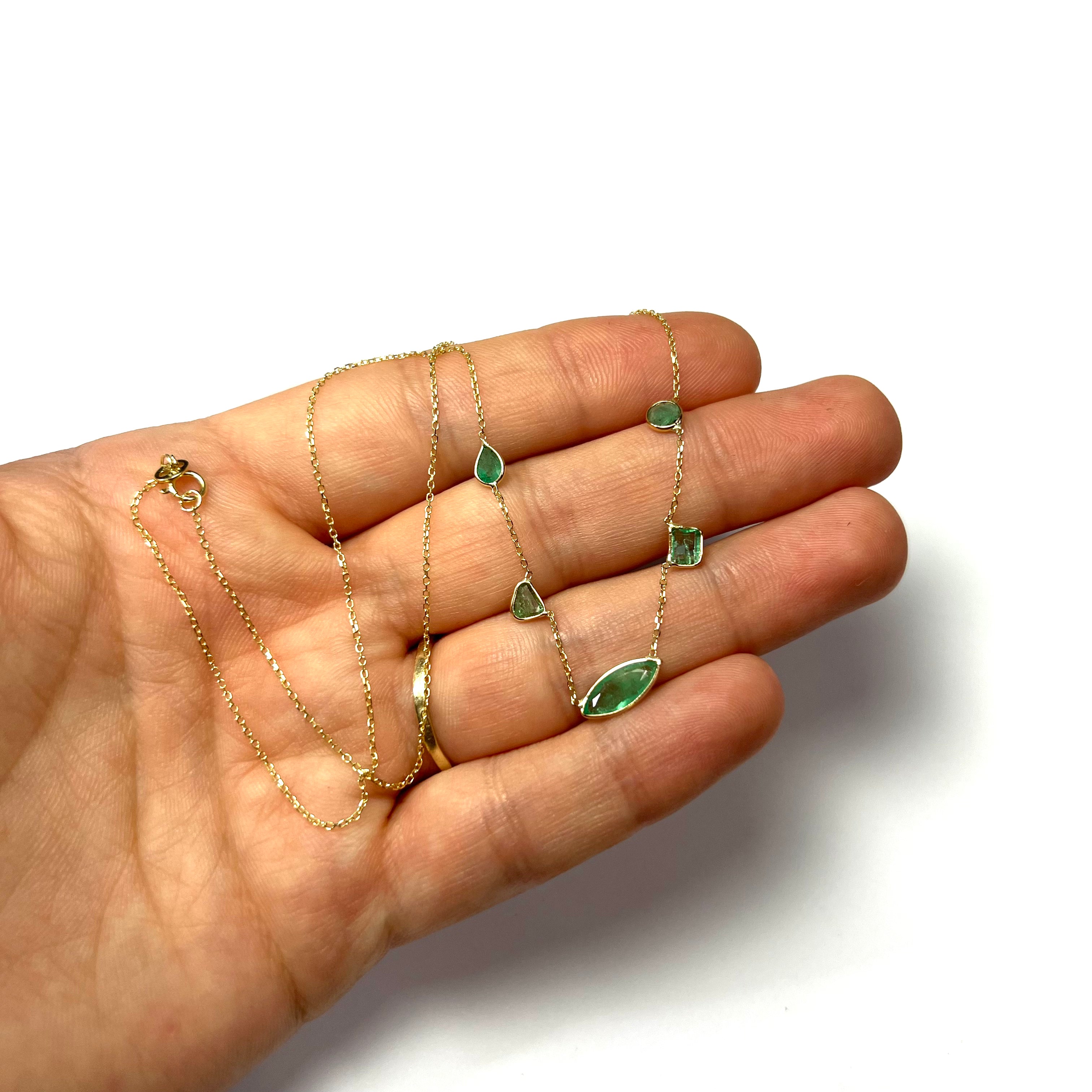Assorted Lime Green Emeralds By The Yard 15.5" 14k Yellow Gold Necklace