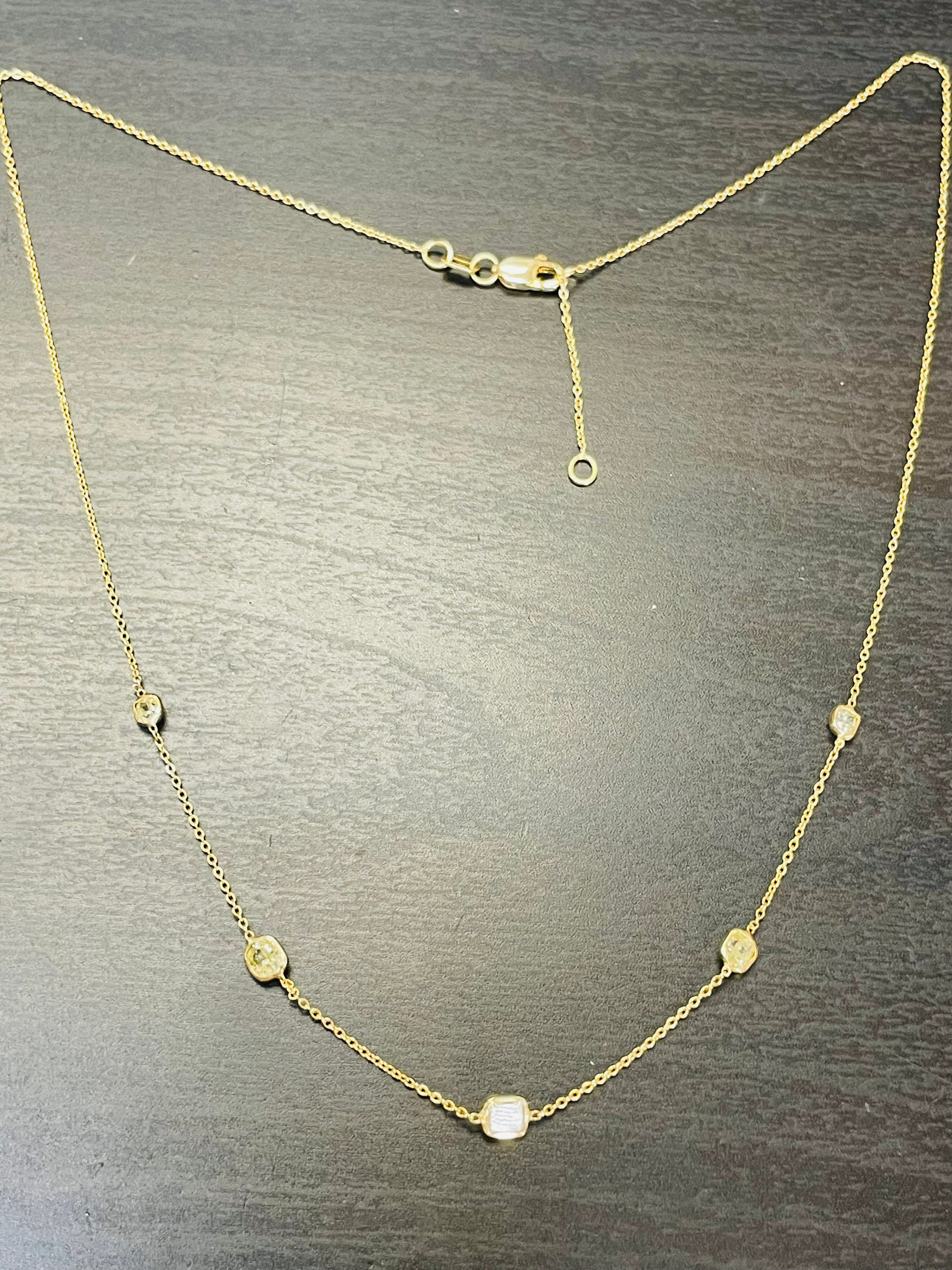 1.1CT Yellow Cushion Cut Diamonds by the Yard 5 Stone 14K Yellow Gold Necklace 16-17”