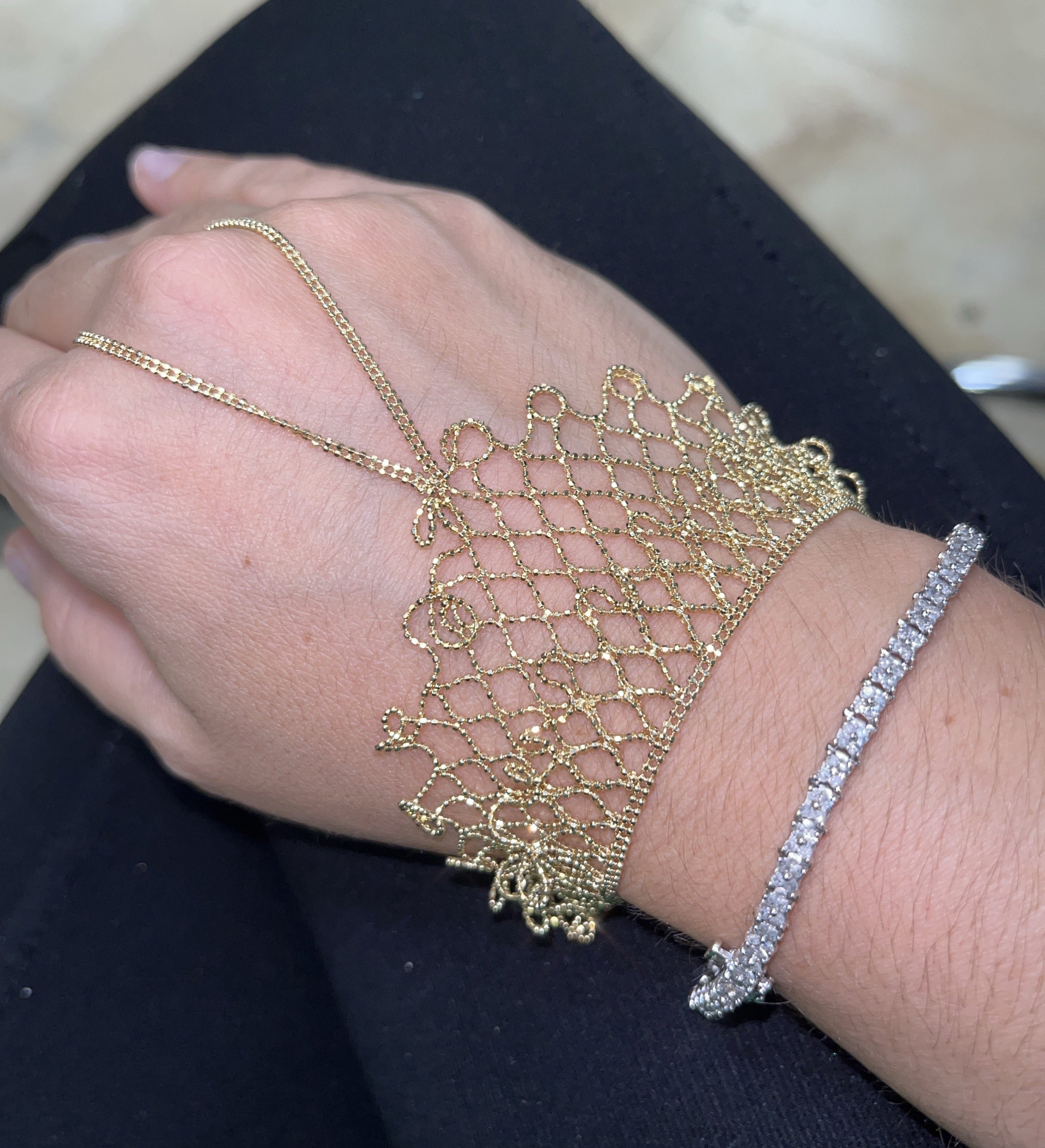 Beautiful Golden Lace 14K Yellow Gold Hand Chain Adjustable