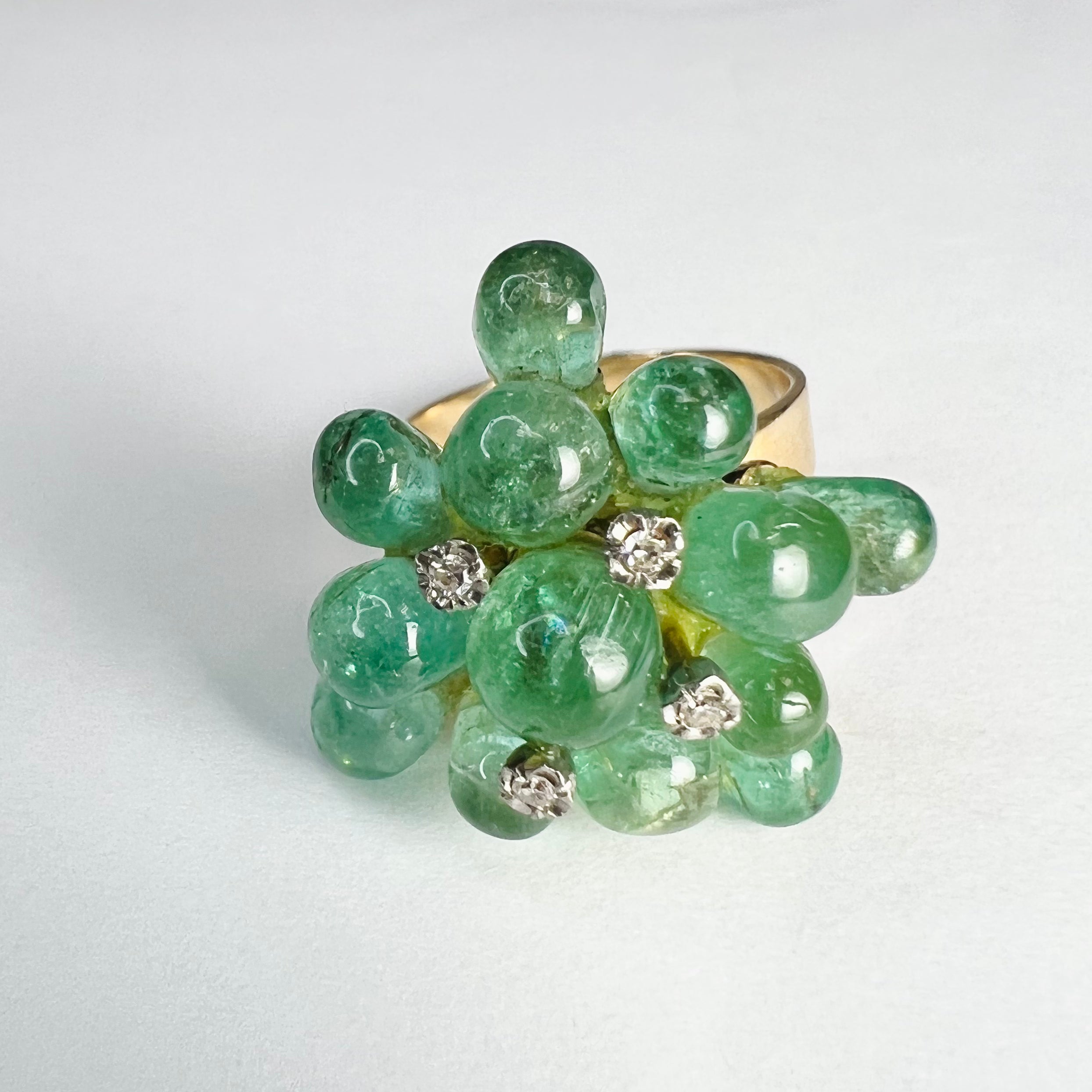 Solid 14K Yellow Gold Cabochon Emerald Droplet Cluster with Diamonds Ring Size 7