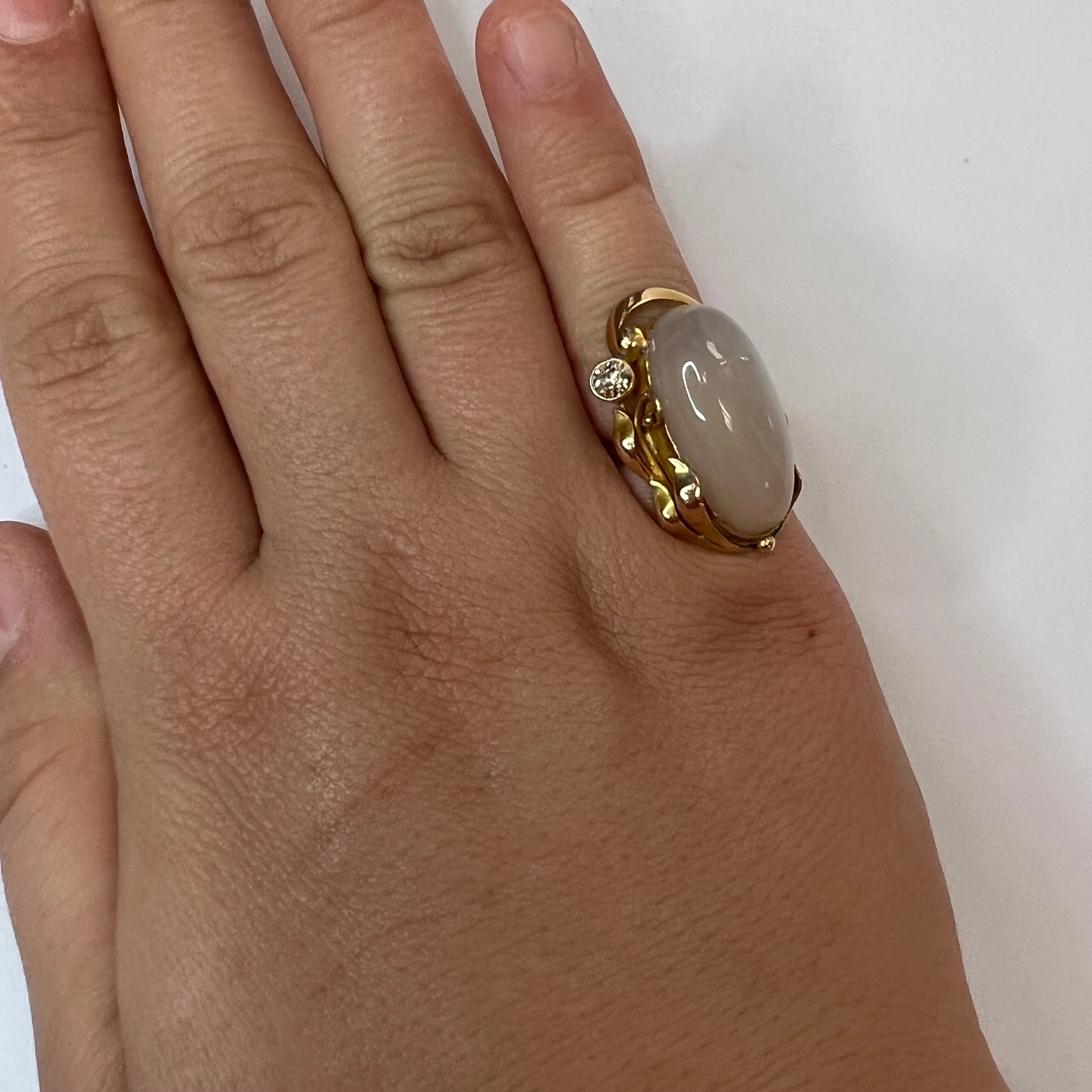 Solid 14K Yellow Gold Antique Moonstone and Diamond Long Ring Size 4.75